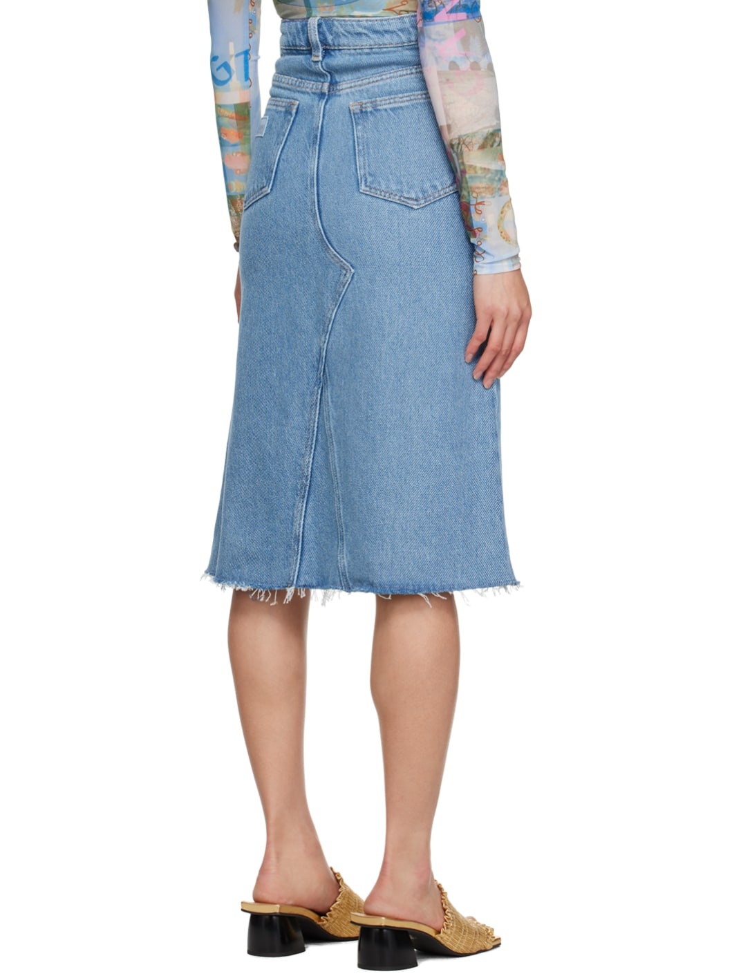 Blue Raw Edge Denim Midi Skirt - 3