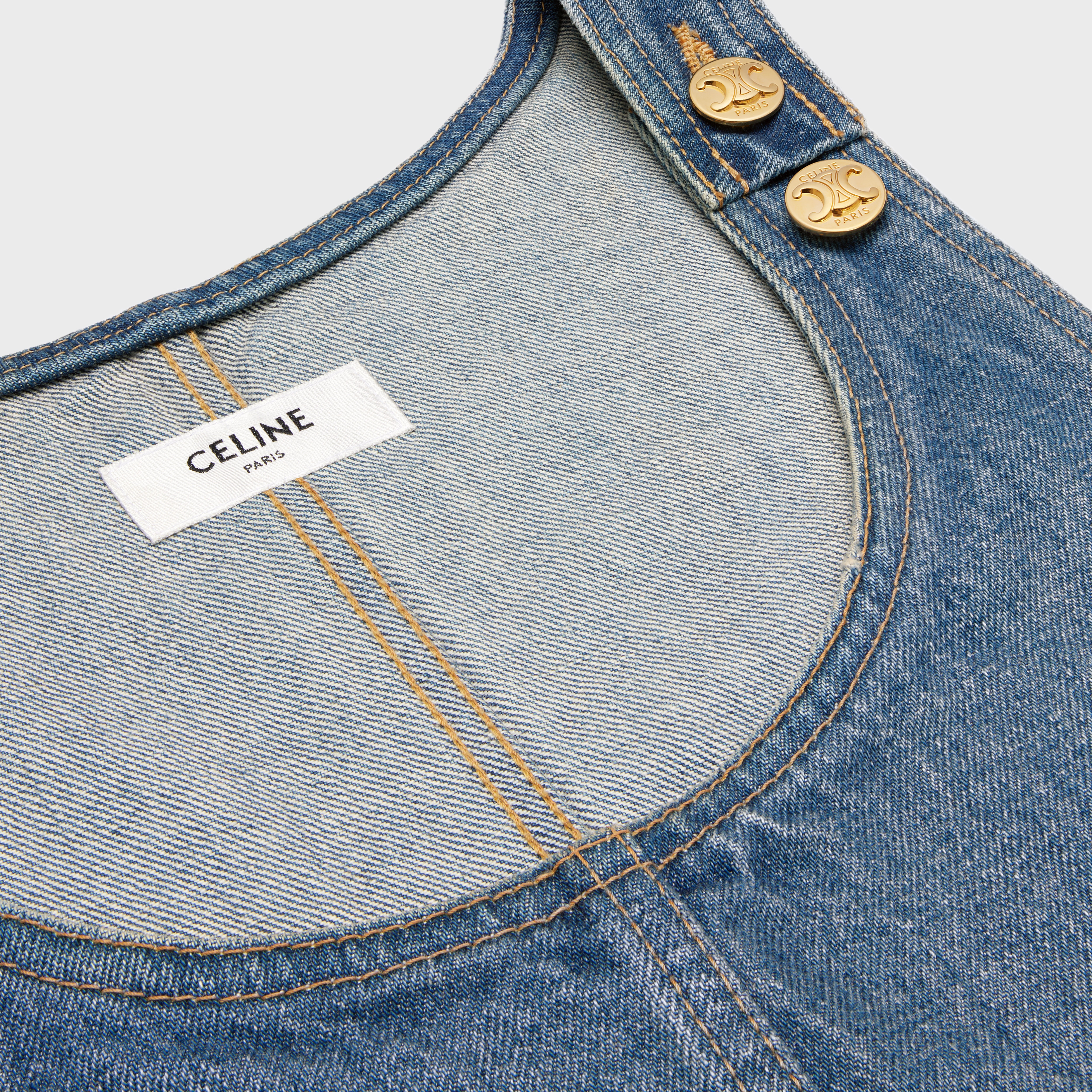 関税込 CELINE dungarees mini dress in union wash denim CELINE dungarees mini dress in union wash denim | REVERSIBLE