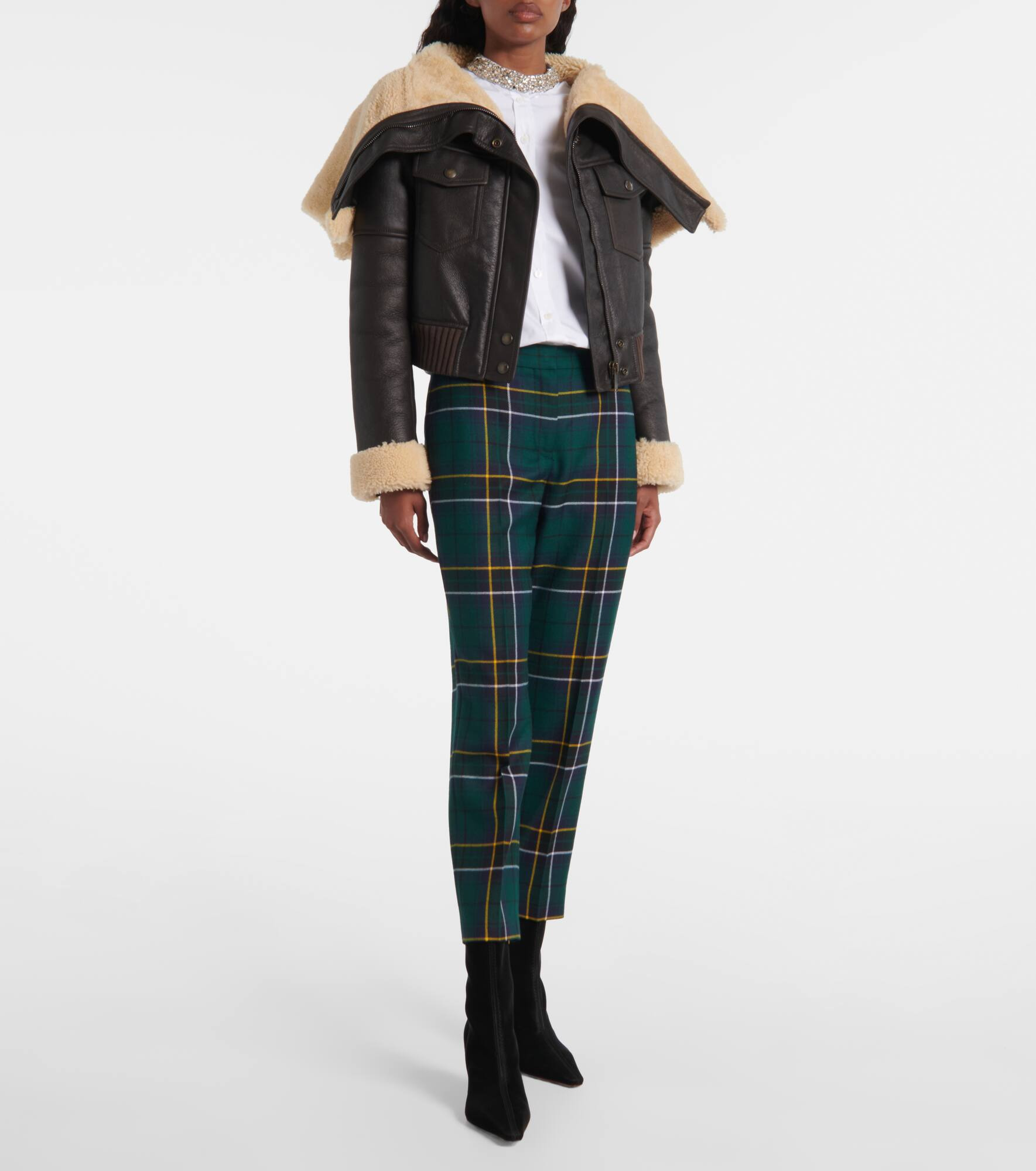 Cropped shearling-trimmed leather jacket - 8