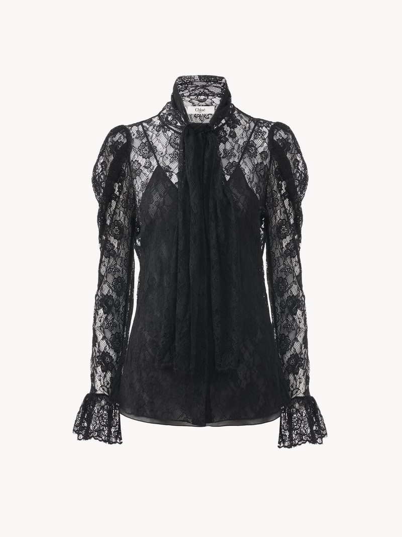 Chloé PUFF-SLEEVE LAVALLIÈRE TOP IN FLORAL LACE JACQUARD outlook