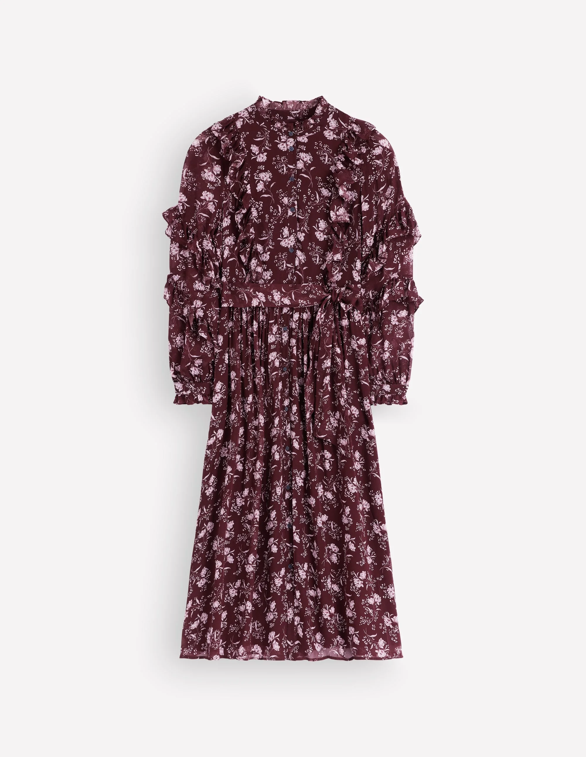 Ruffle Tie Neck Dress-Brown, Enchanted Sprigs - 1