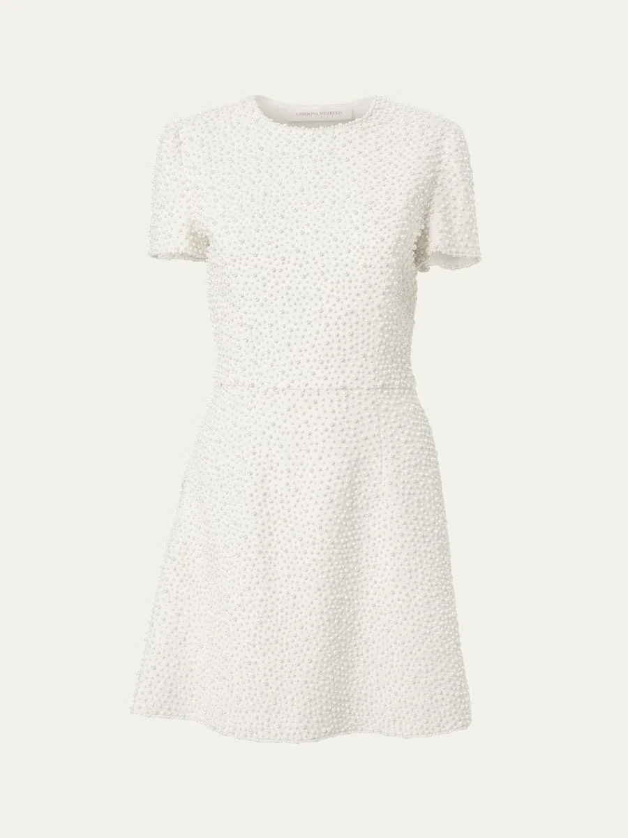 Pearly Embellished Short-Sleeve Mini Dress - 1