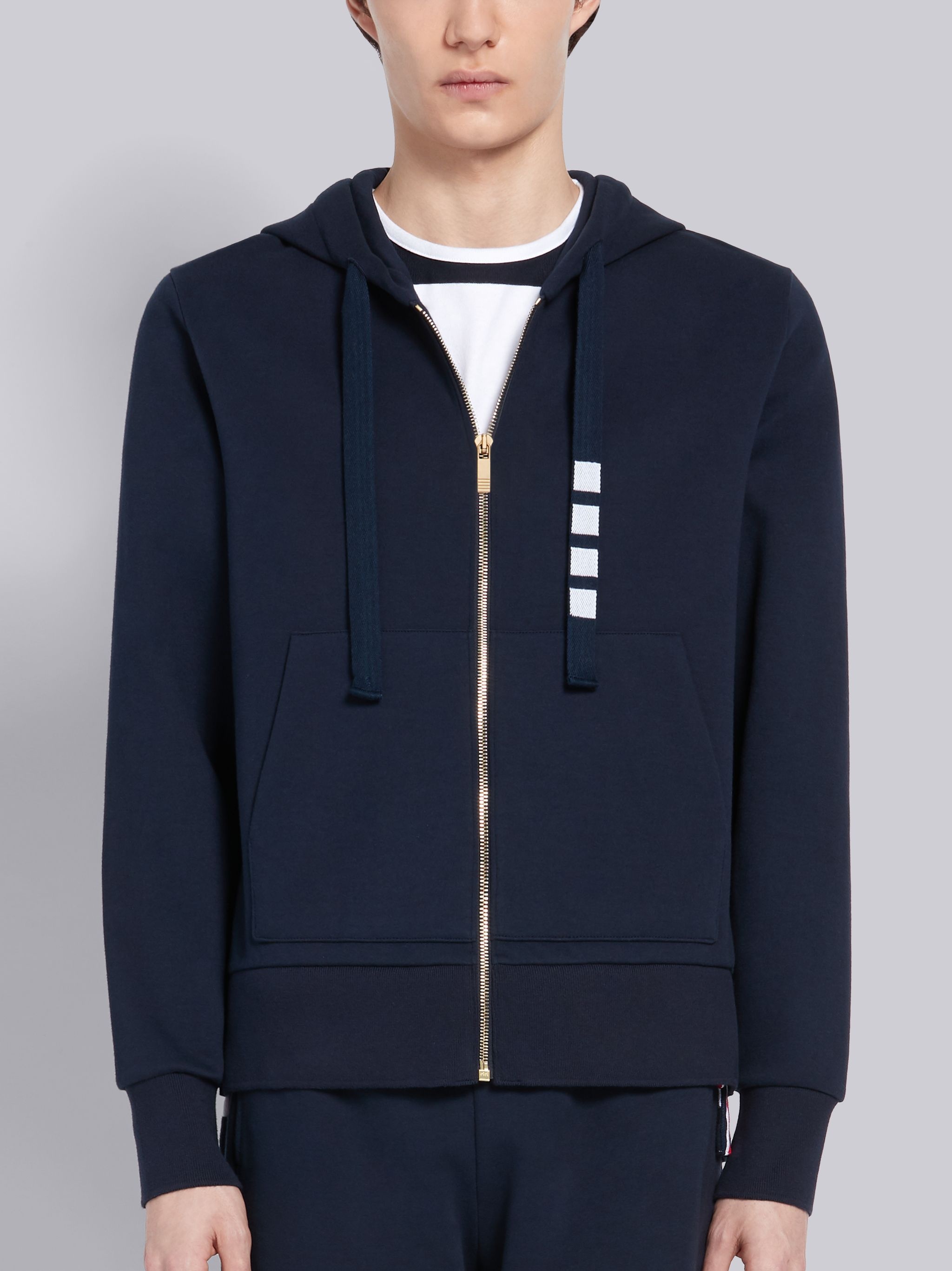 Navy Double Knit Cotton 4-Bar Zip-up Hoodie - 1