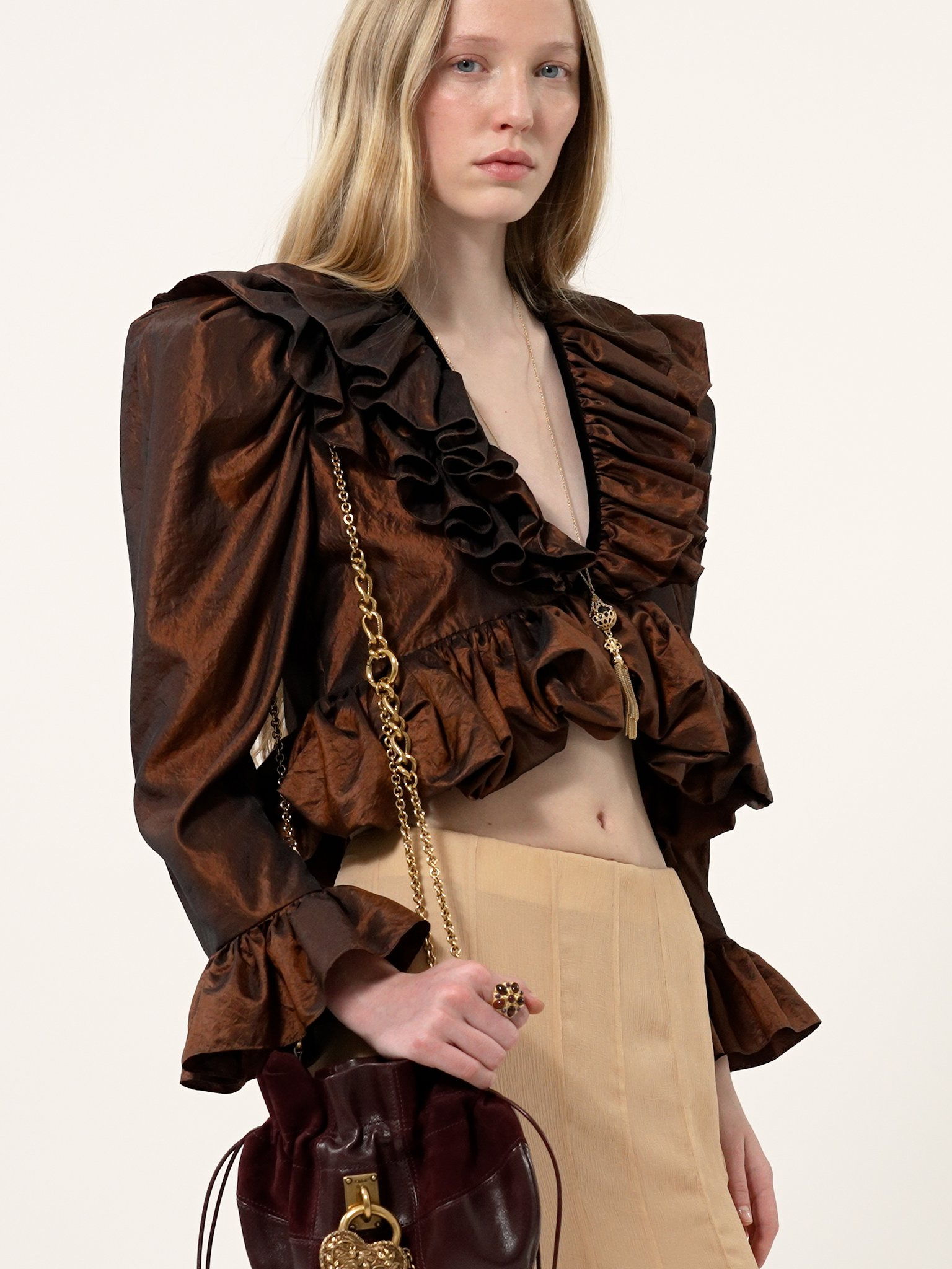 CROPPED V-NECK RUFFLE TOP IN WASHED SILK TAFFETA - 5