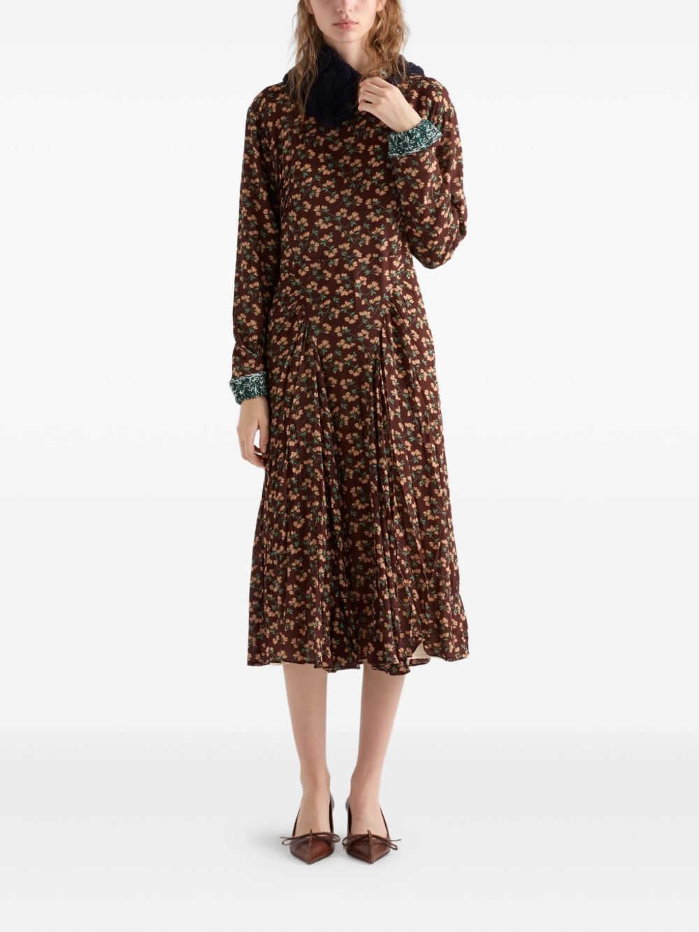 floral-print pleated knit-trim midi dress - 2