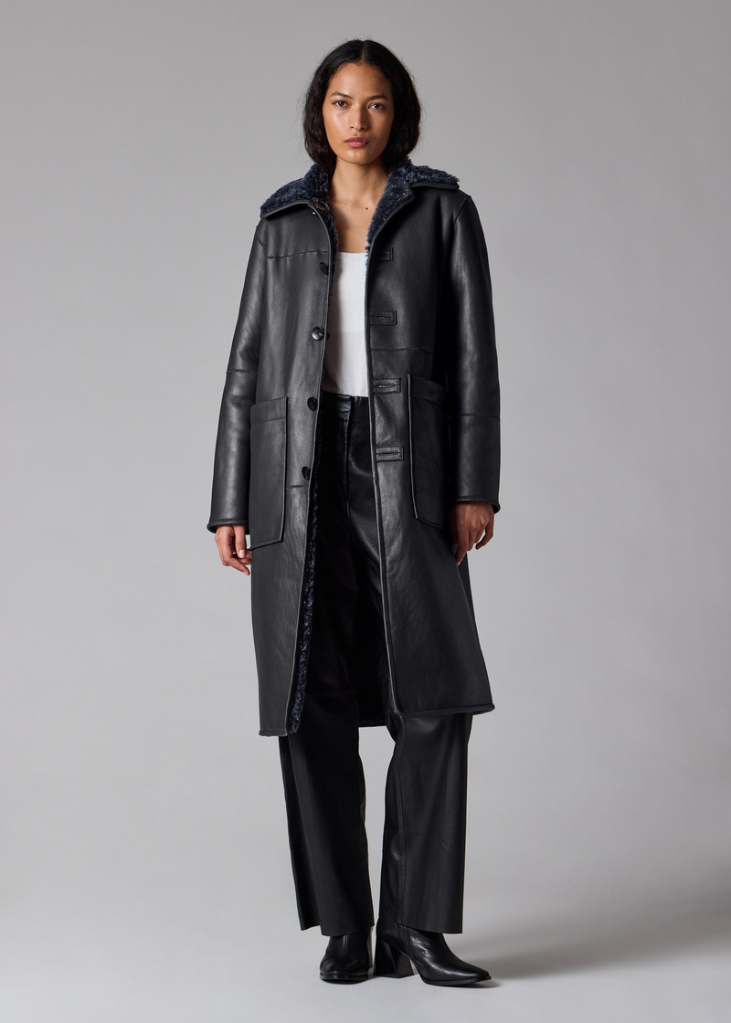 Women's Navy Reversible Leather and Shearling Coat 20