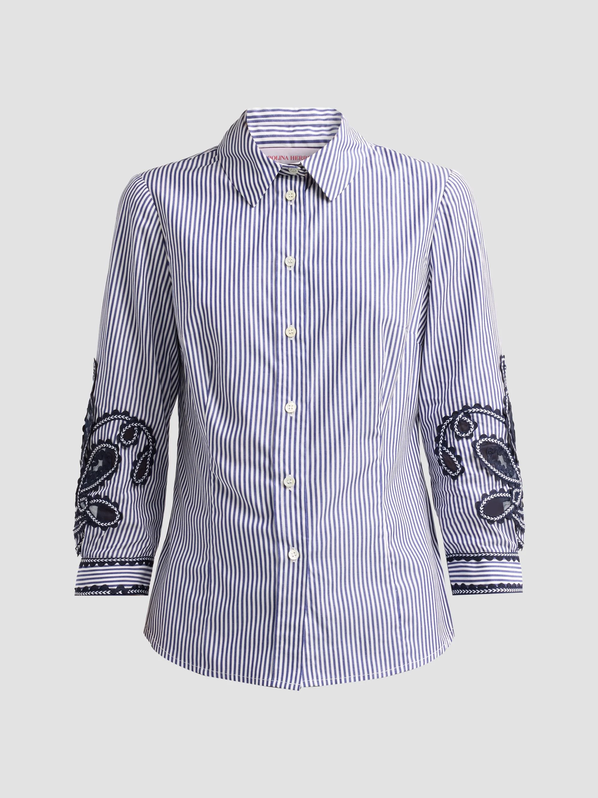 Women's Ana Cotton Floral-Embroidered Stripe Shirt - White Blue - 1