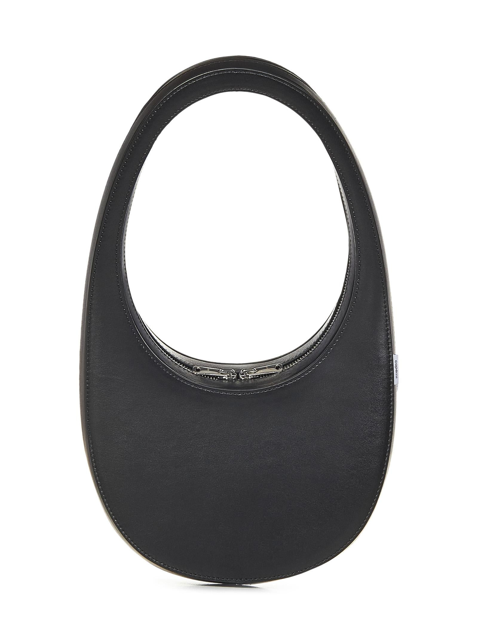 Oval handbag in black leather with silver logo print on the front. - 4