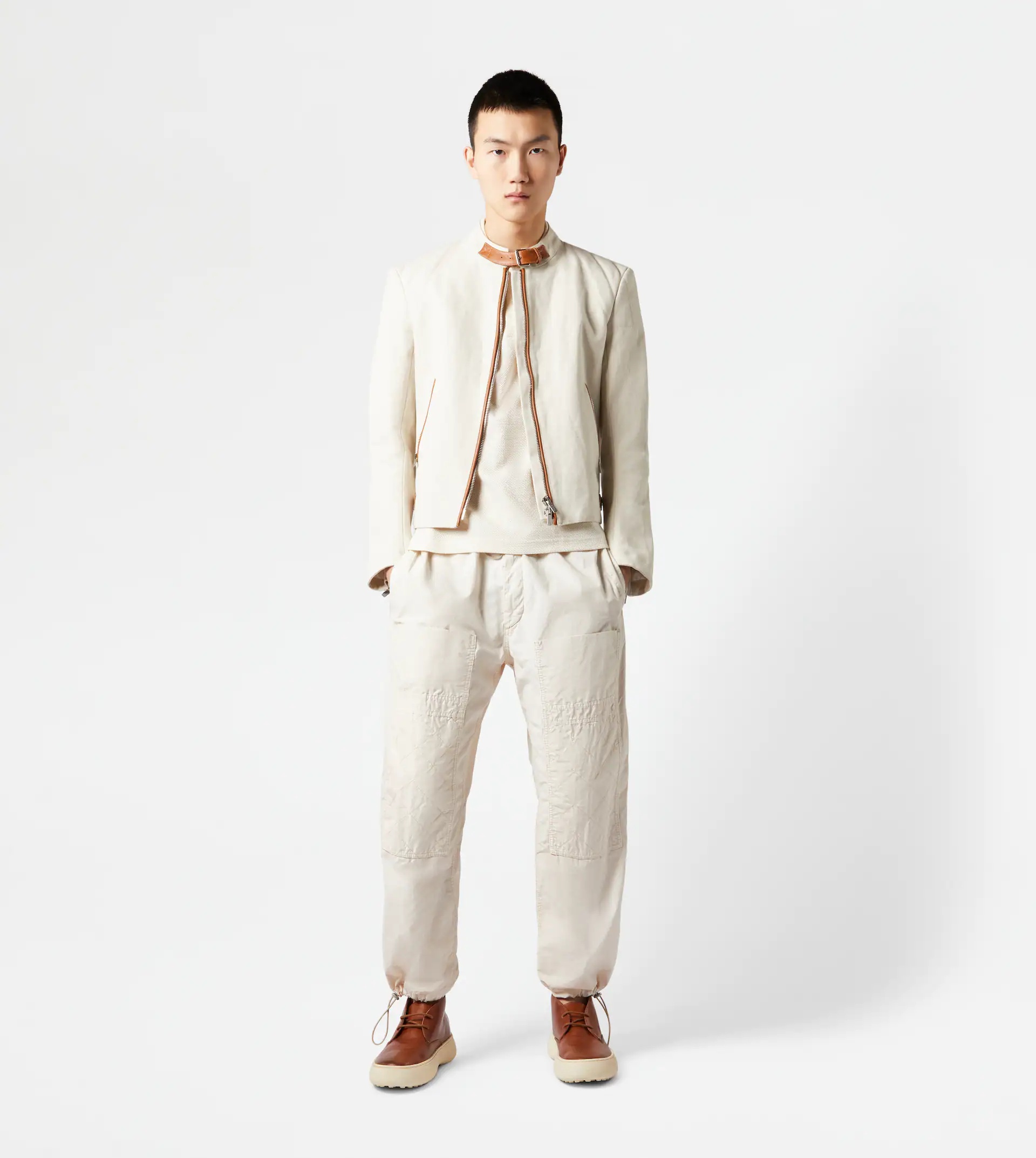 BIKER IN CANVAS AND LEATHER - BEIGE - 2