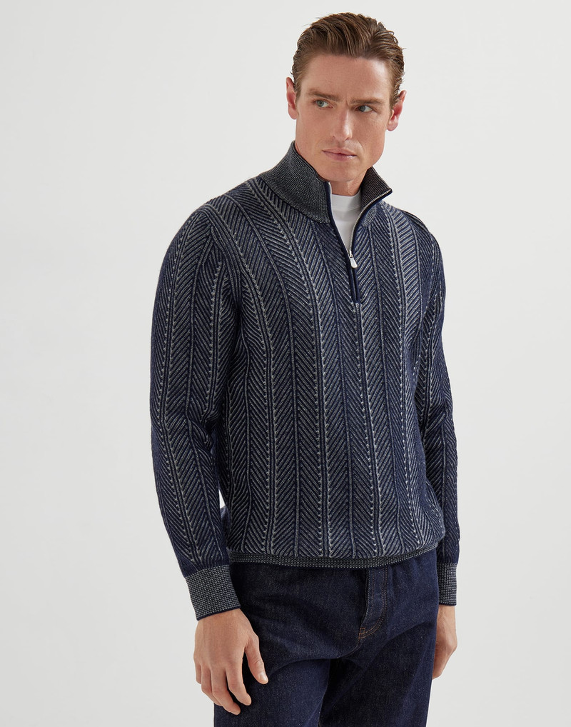 Cashmere vanisé chevron sweater with half zip 1