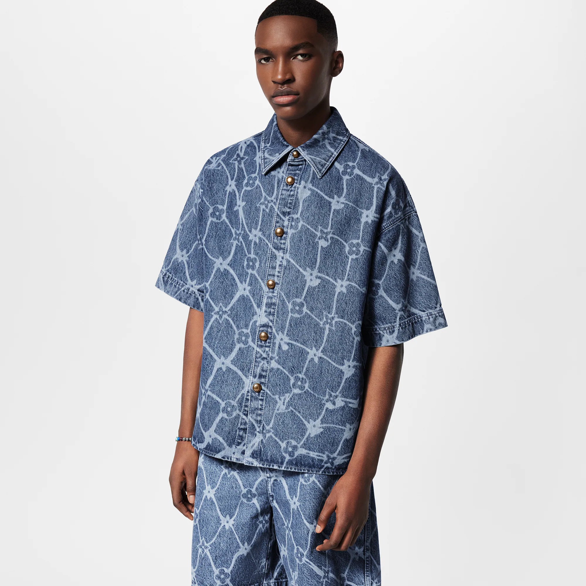 Monogram Printed Short-Sleeved Denim Shirt - 2