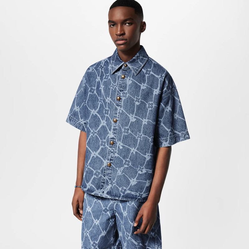 Monogram Printed Short-Sleeved Denim Shirt 2