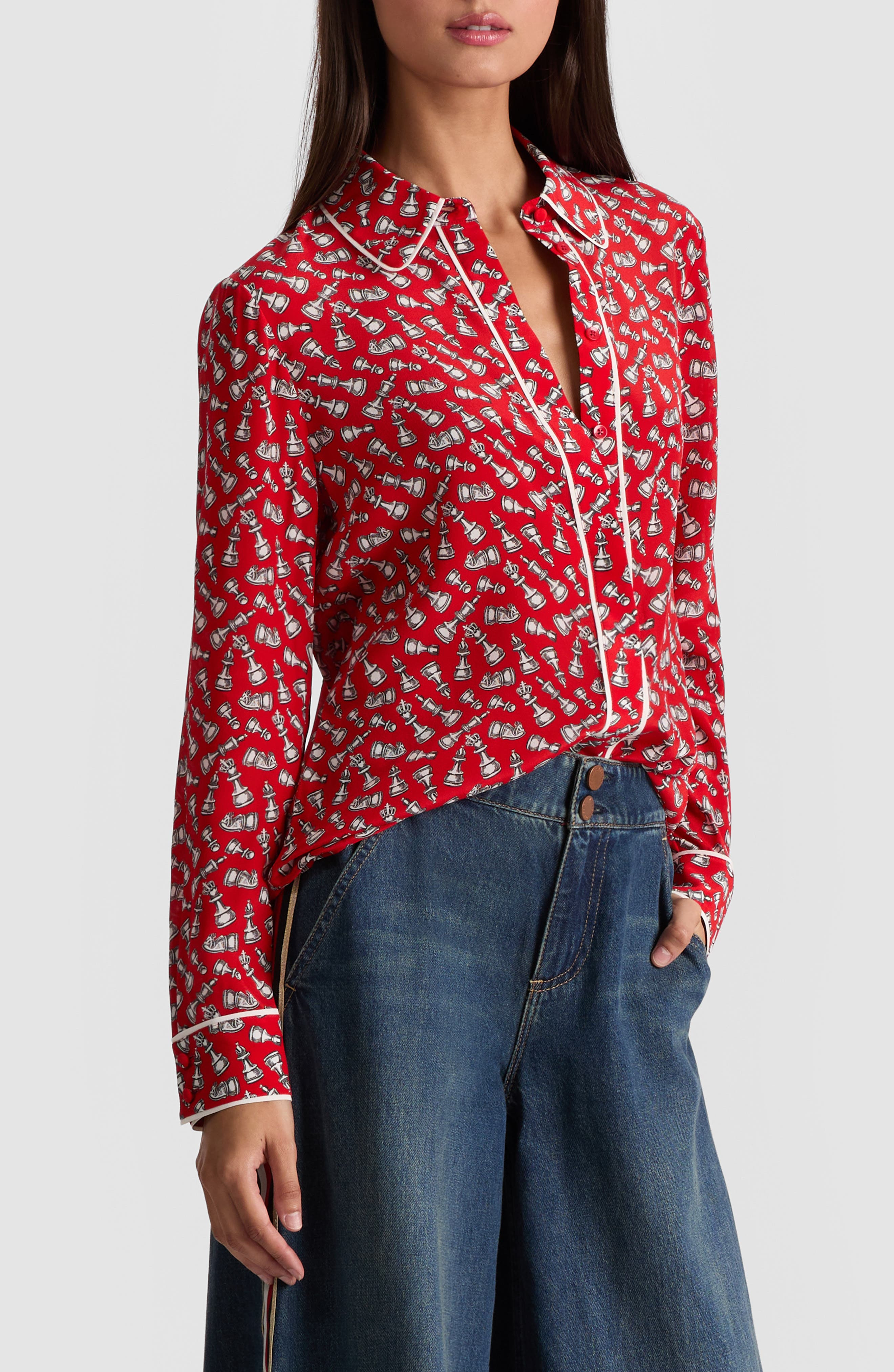 Alice + Olivia Willa Chess Piece Print Silk Button-Up Shirt in Queening at Nordstrom - 3