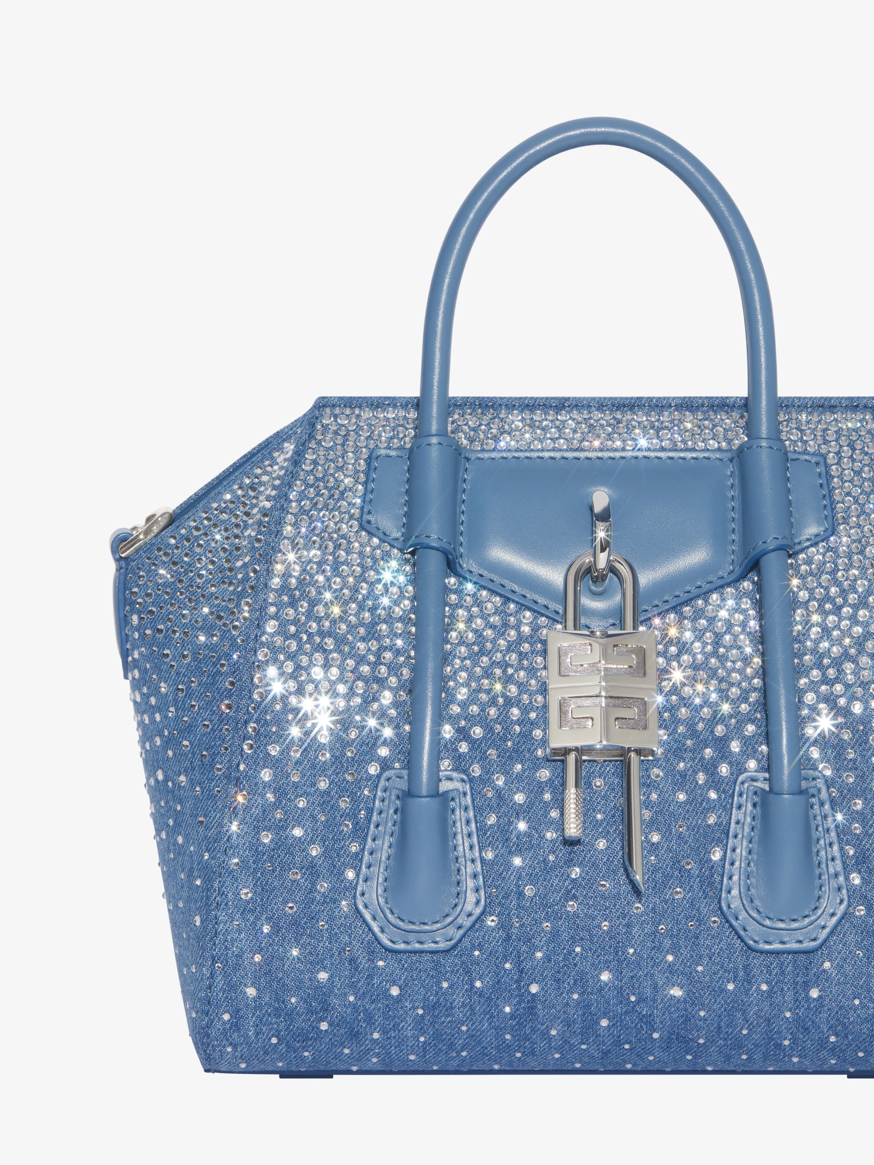 MINI ANTIGONA LOCK BAG IN DENIM WITH STRASS - 6