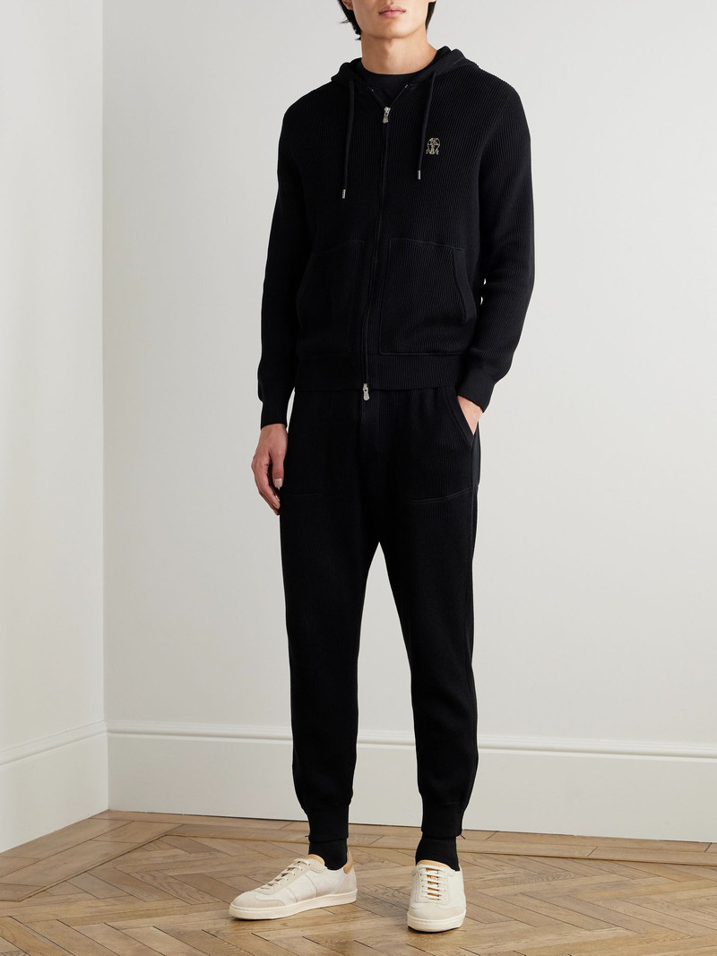 Brunello Cucinelli Logo-Embroidered Ribbed Cotton Zip-Up Hoodie Black outlook
