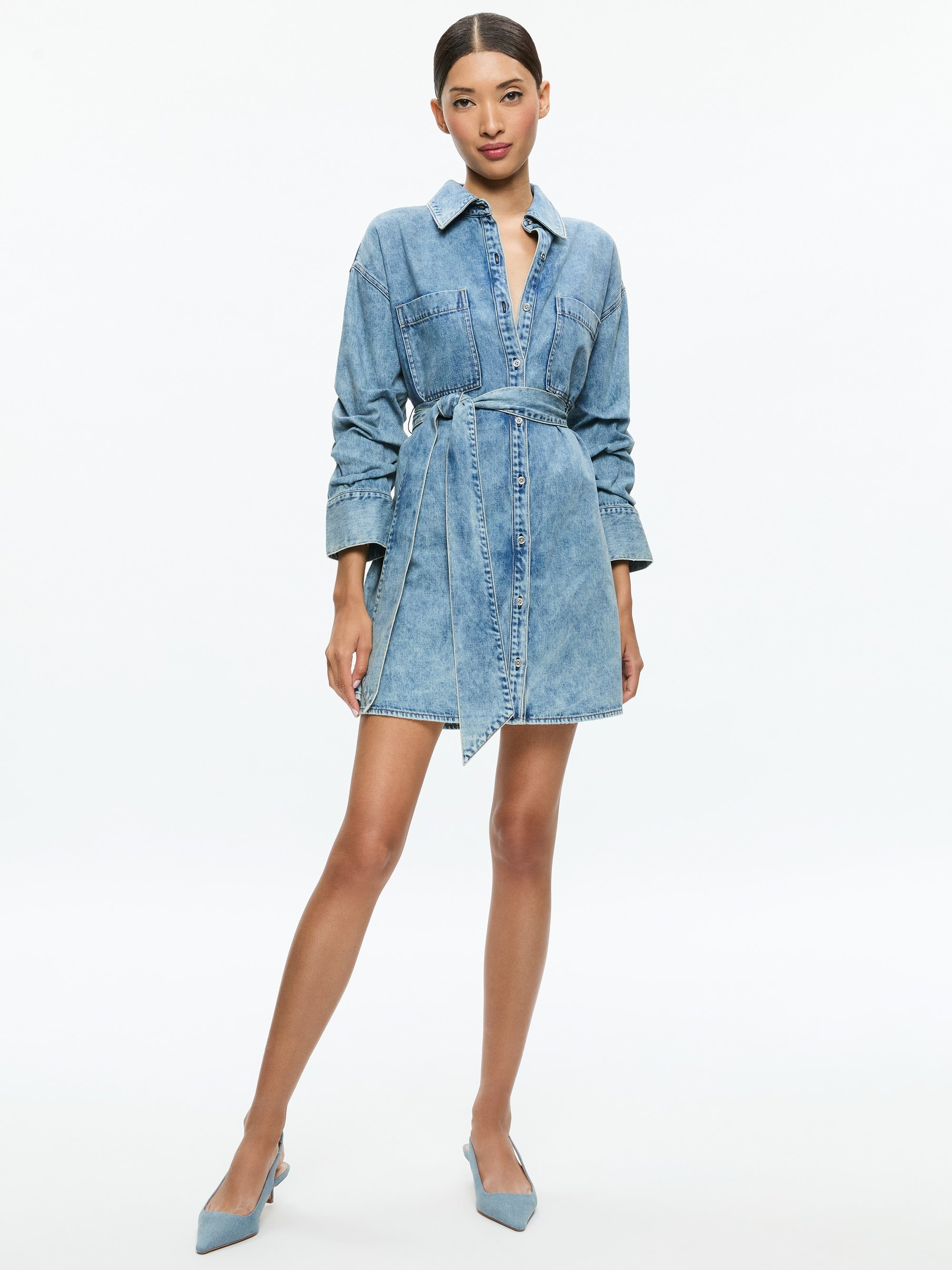 BRIGITA LONG SLEEVE DENIM MINI DRESS WITH TIE BELT - 2