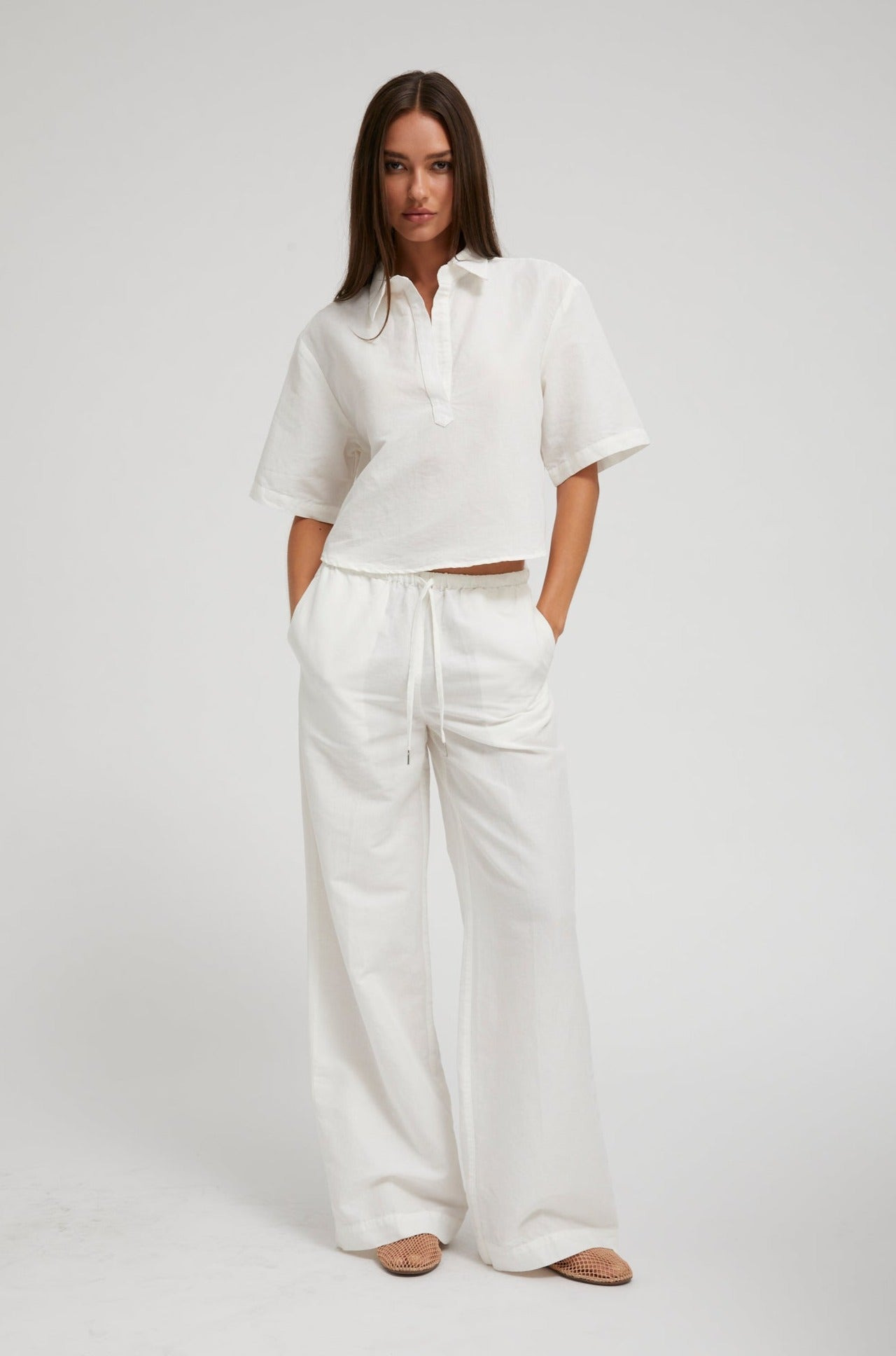 WHITE LINEN CROPPED OVERSIZED HENLEY SHIRT - 2