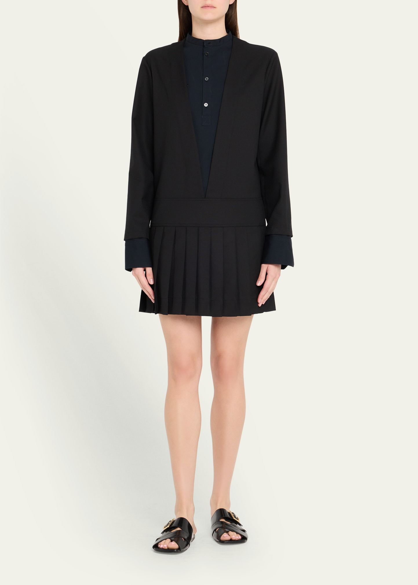 Layered Long-Sleeve Pleated Mini Shirtdress - 2