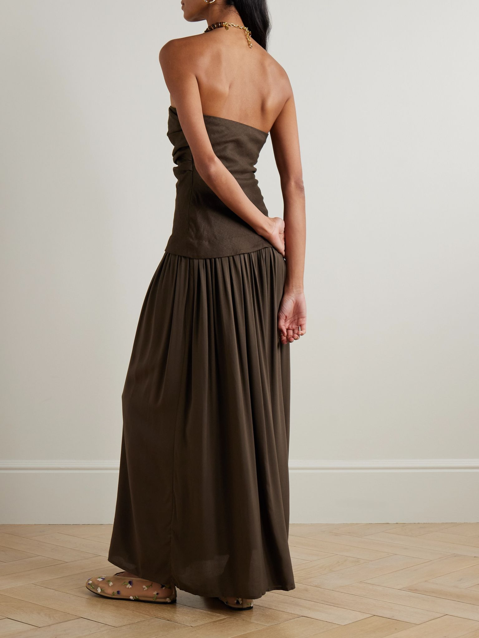 Hedy strapless gathered linen and voile maxi dress Dark green - 3
