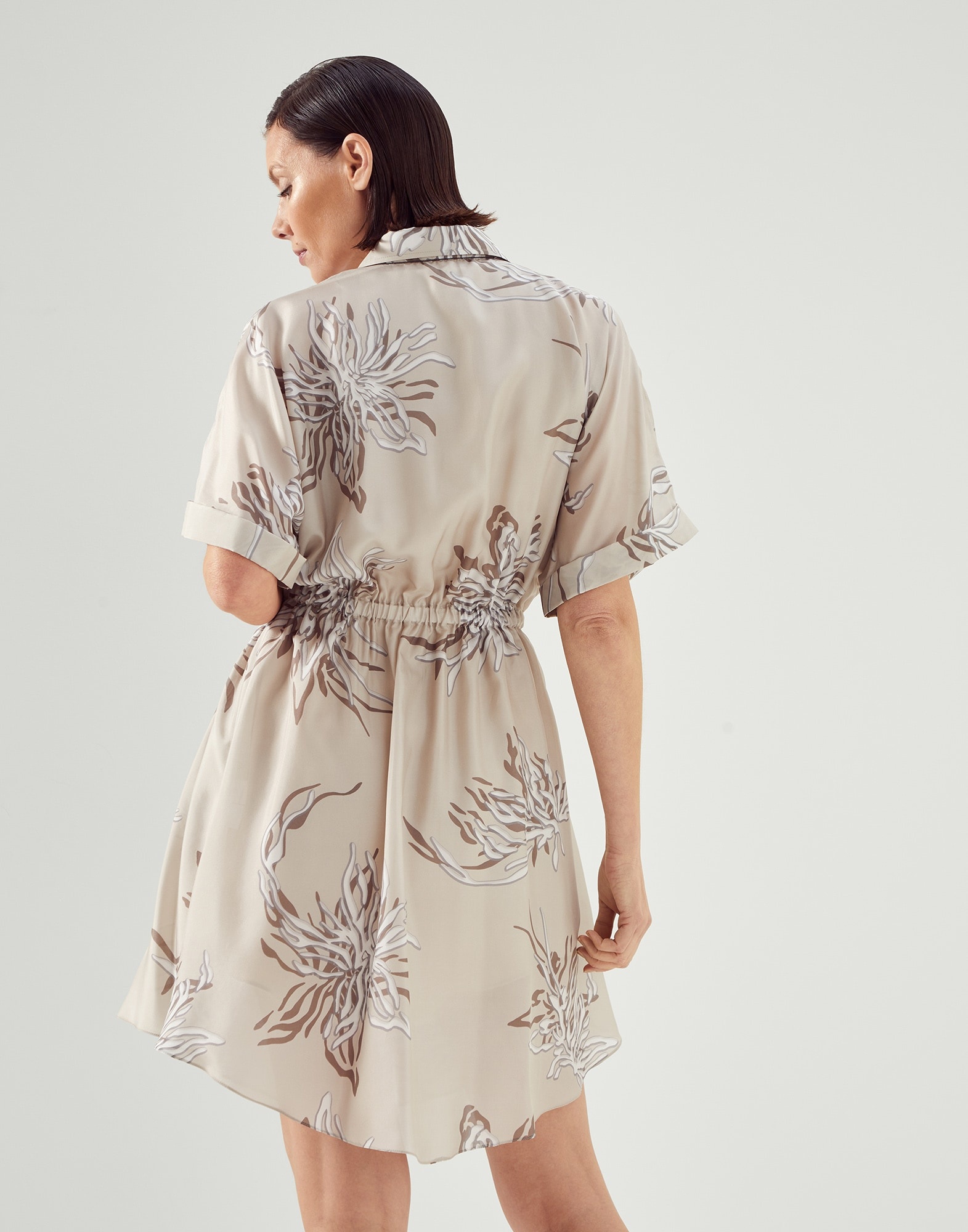 Silk marine flower pongée shirt dress with monili - 2