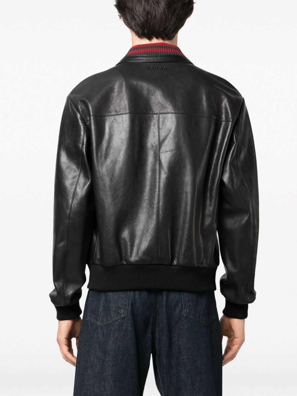 Web-collar leather bomber jacket - 4