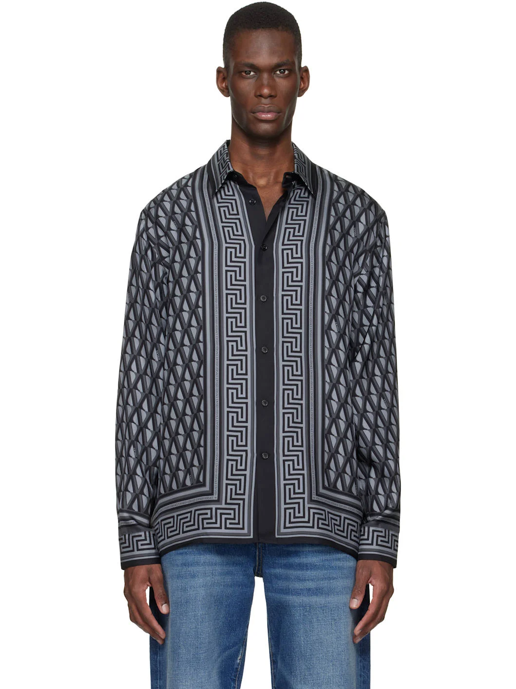 Black & Gray Printed Silk Twill Shirt - 1