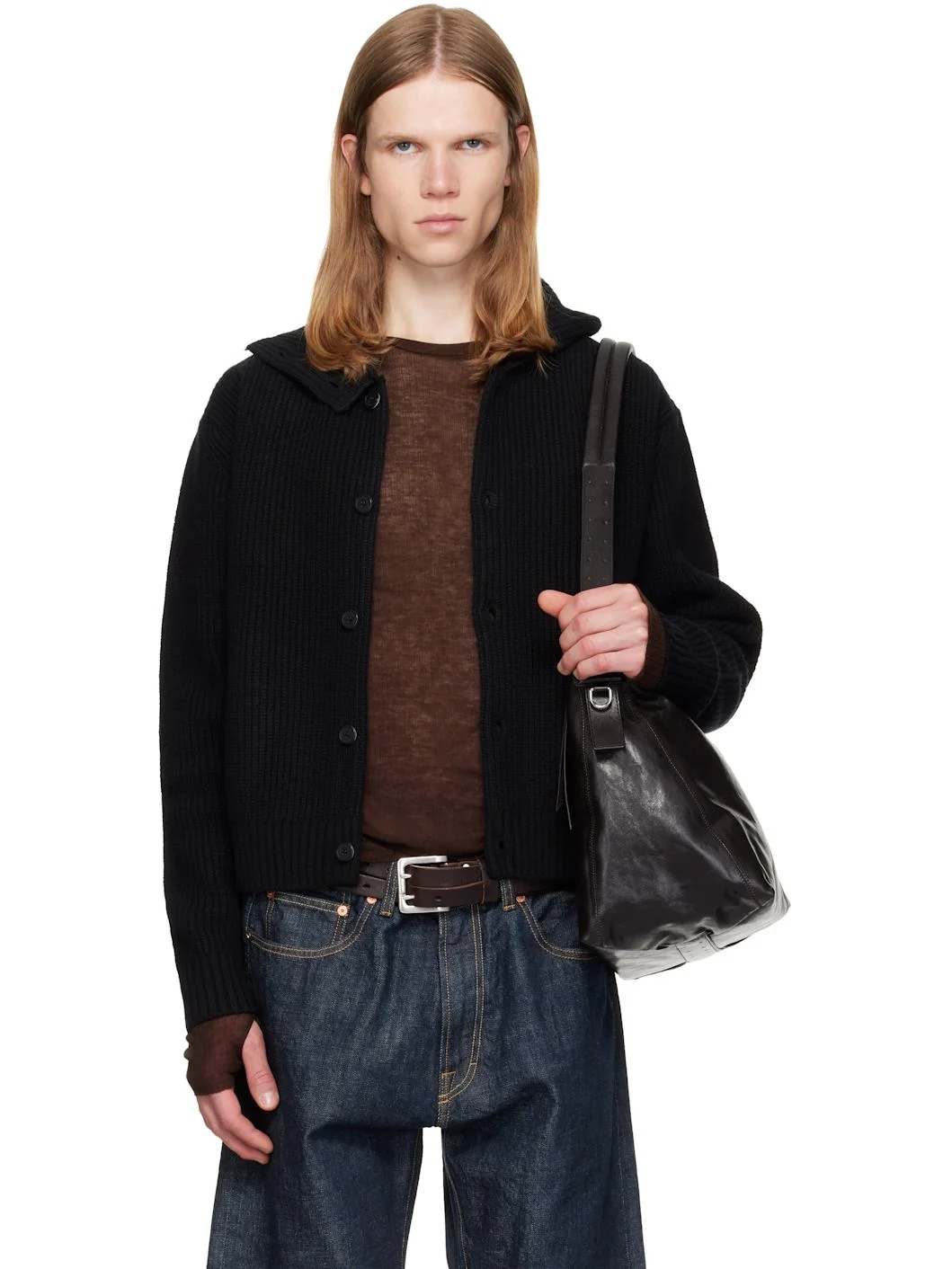 Black High Neck Merino Wool Button-Up Cardigan - 1