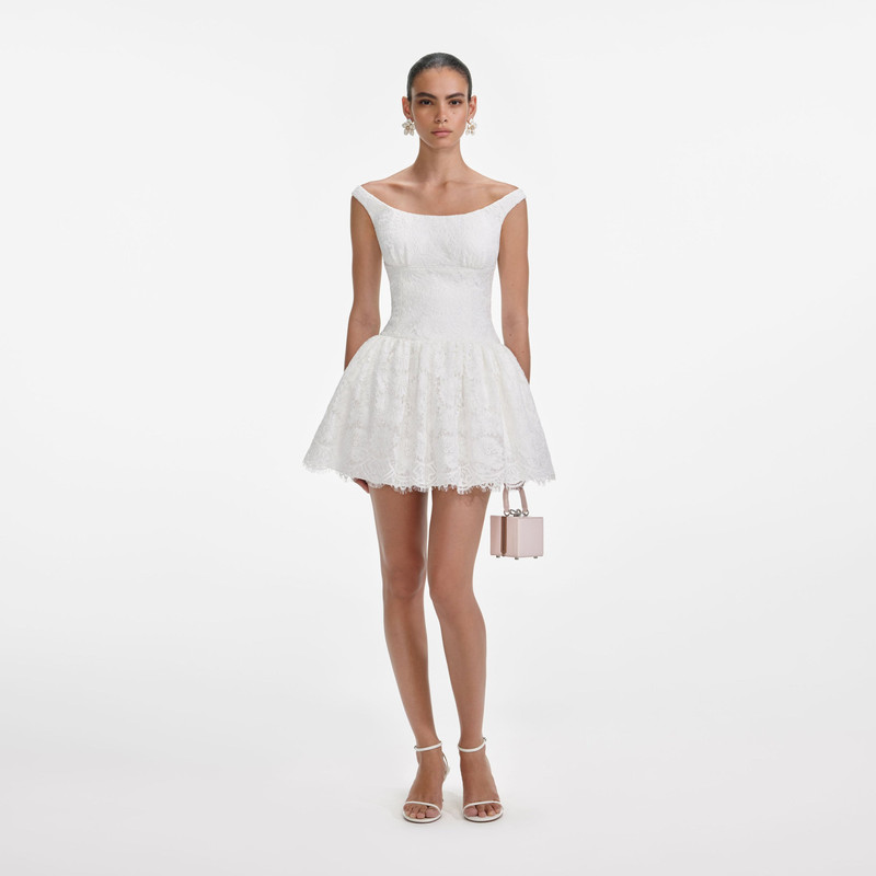 White Floral Lace Mini Dress - 1