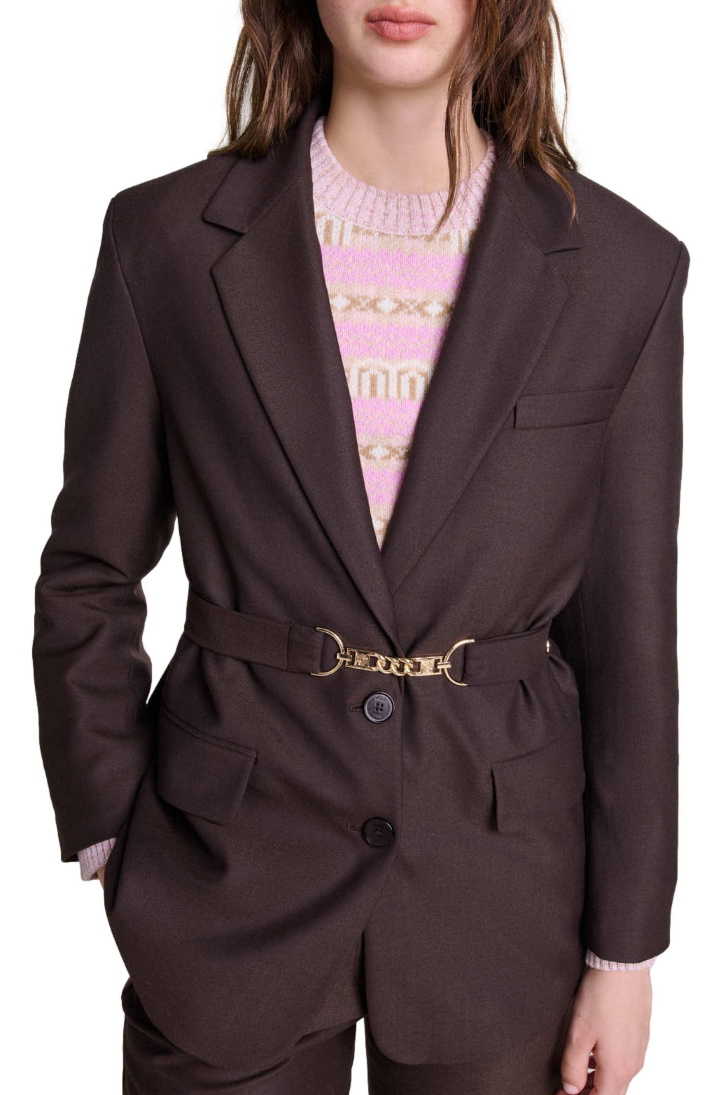 maje Belted suit jacket in Brown at Nordstrom - 6