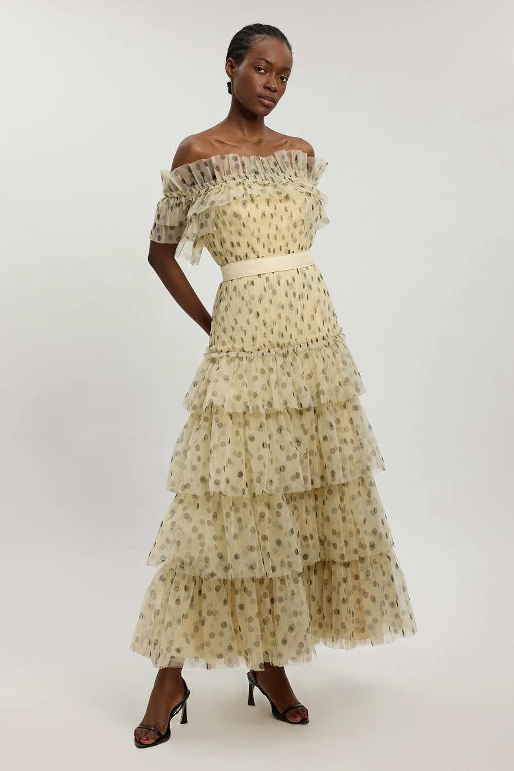 Polka Dot Tulle Layered Off The Shoulder Maxi Dress - 1