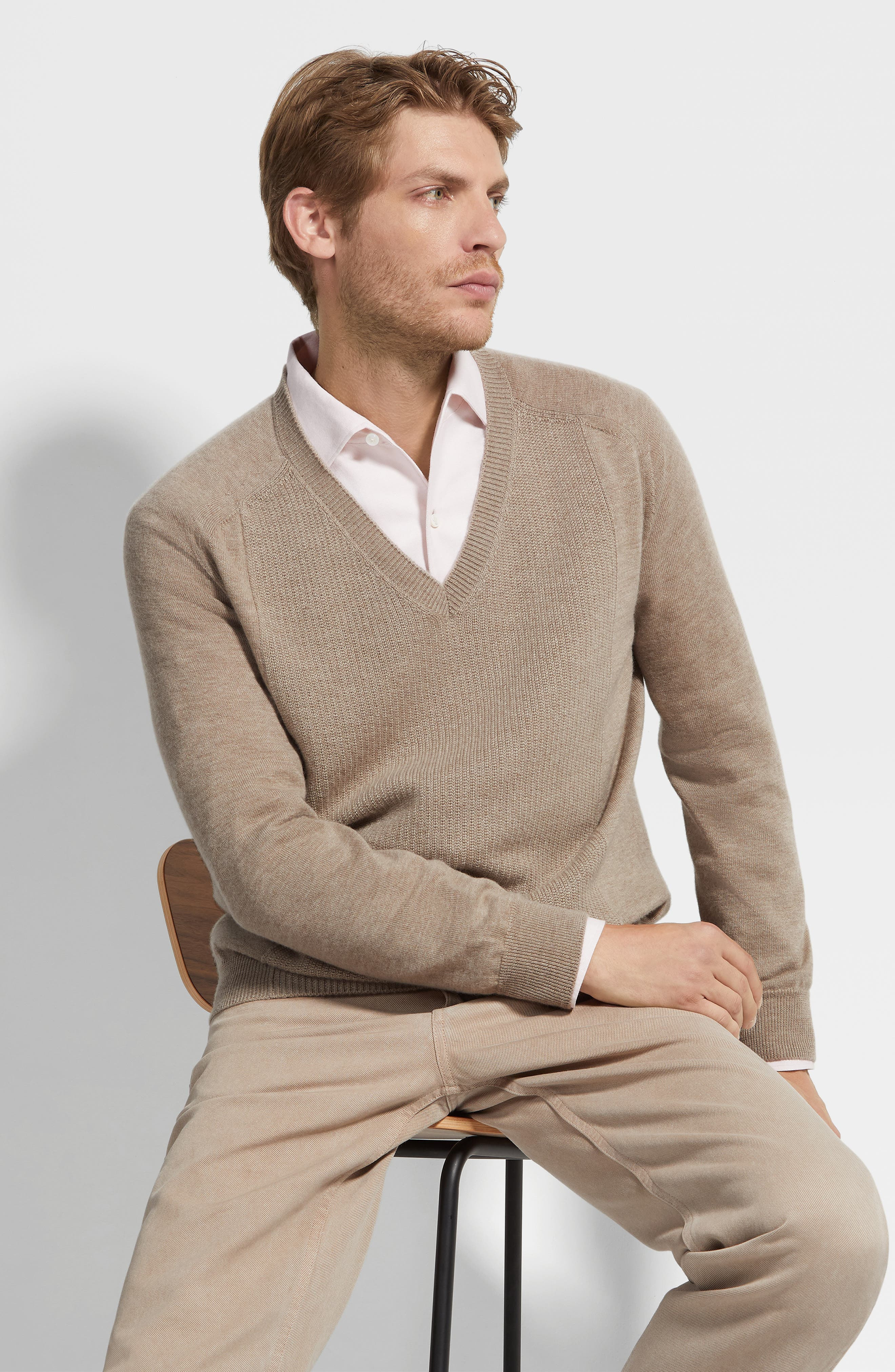 ZEGNA Oasi V-Neck Cashmere Sweater in Light Taupe at Nordstrom - 5