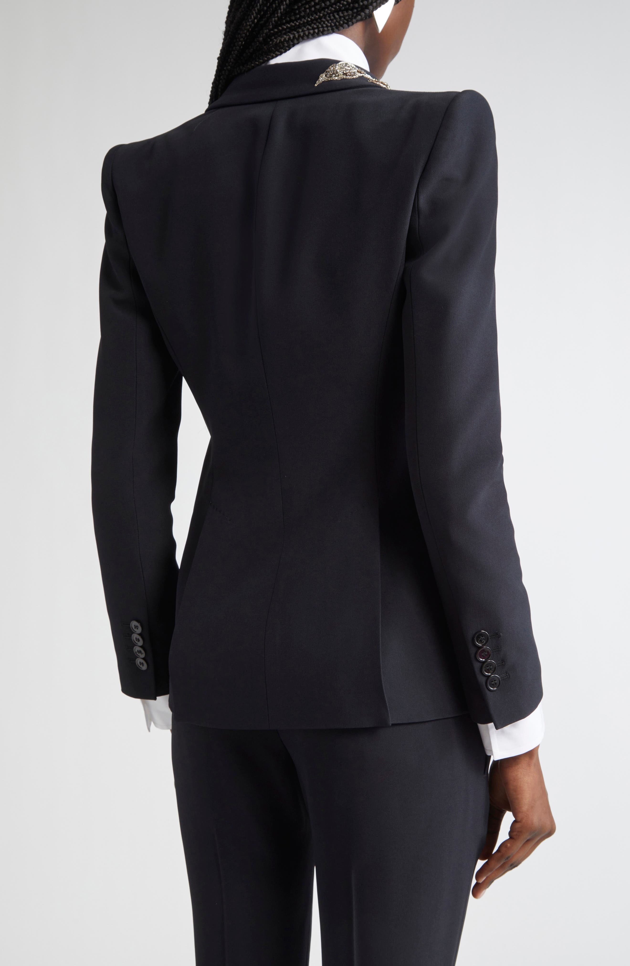 McQueen Banshee Embroidery Leaf Crepe Blazer in Black at Nordstrom - 3