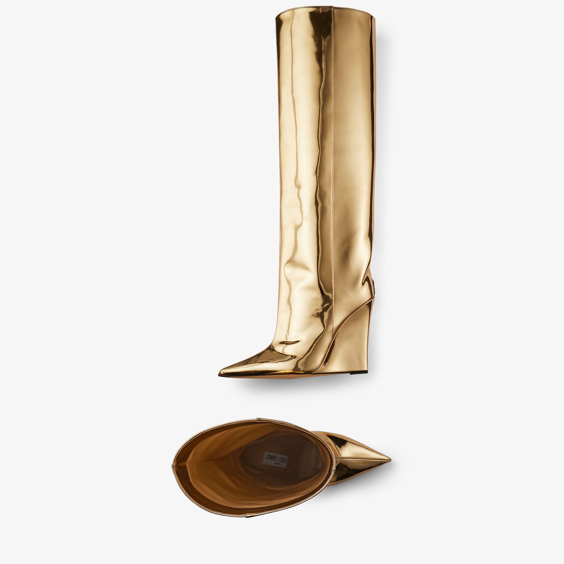 JIMMY CHOO Blake KB 110 Gold Liquid Metal Leather Wedge Knee-high