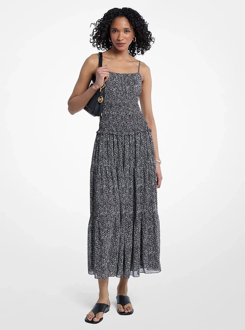Abstract Print Georgette Smocked Dress - 1