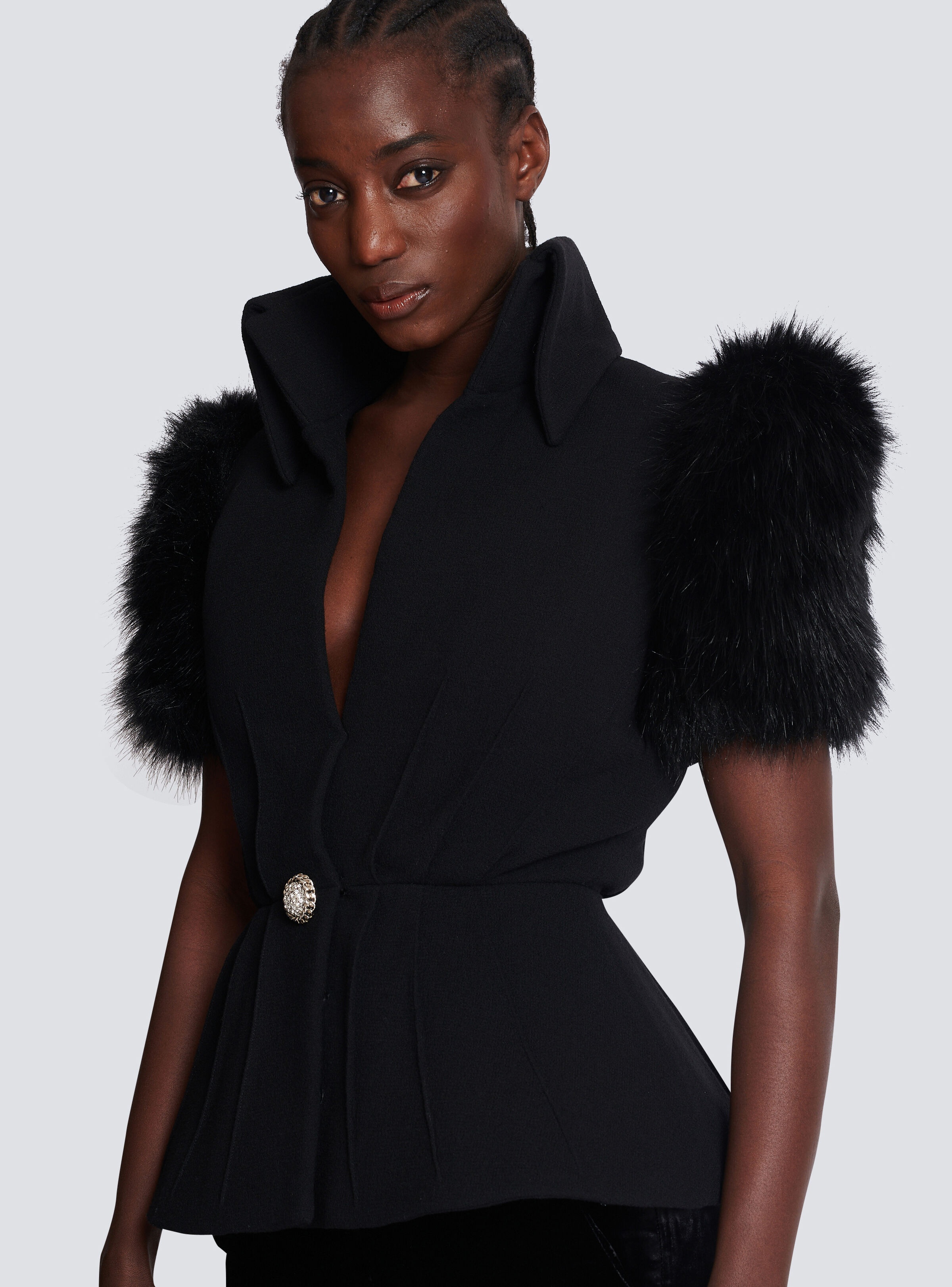 Jacket with short faux fur sleeves - 6