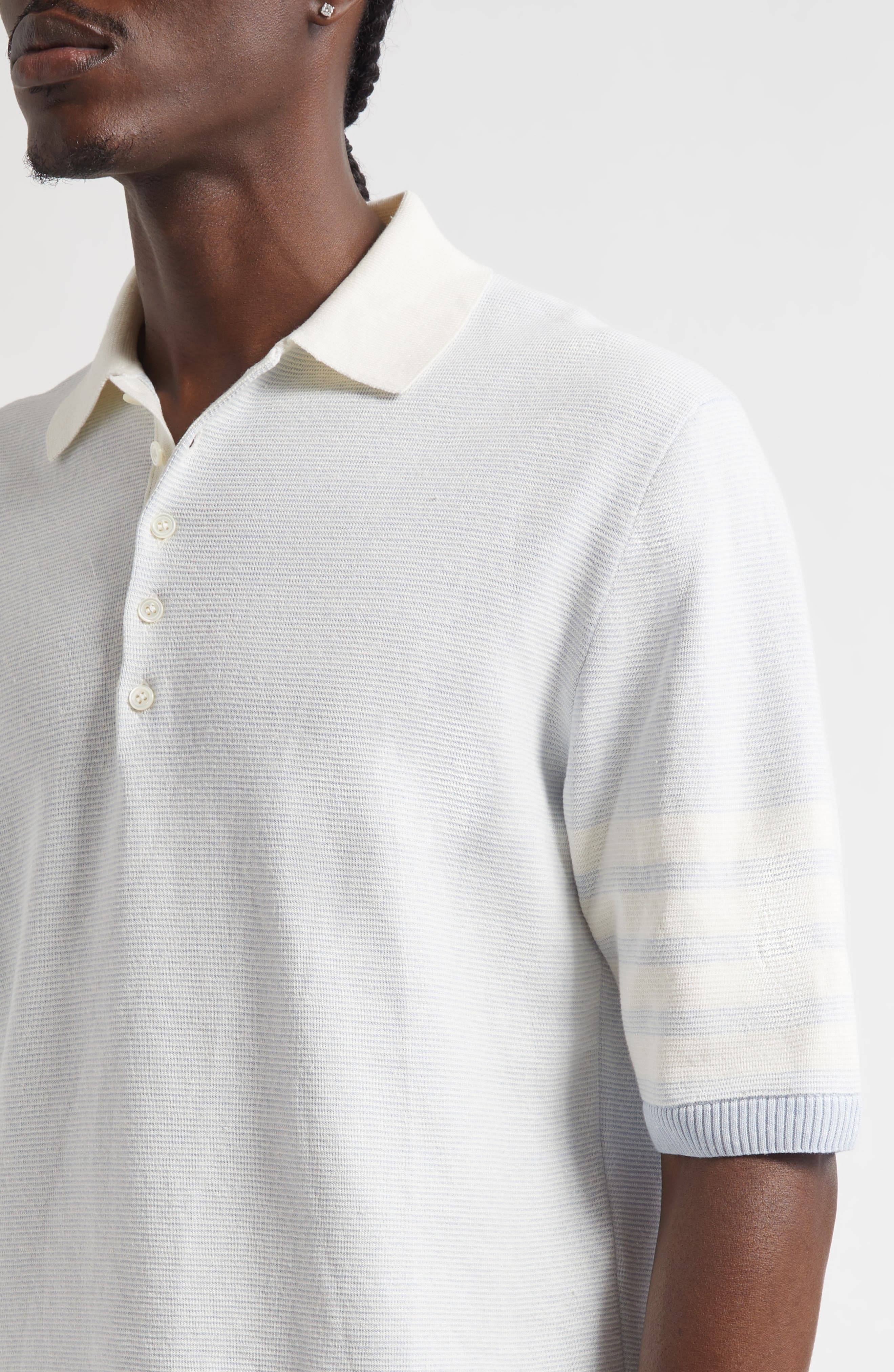 Thom Browne Relaxed Fit 4-Bar Textured Stripe Linen & Cotton Polo Sweater in Light Blue at Nordstrom - 4