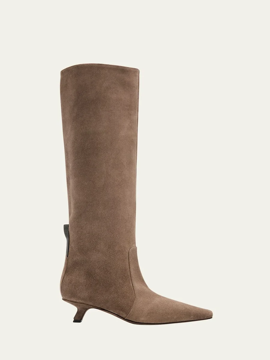 Suede Comma Heel Knee Boots - 1