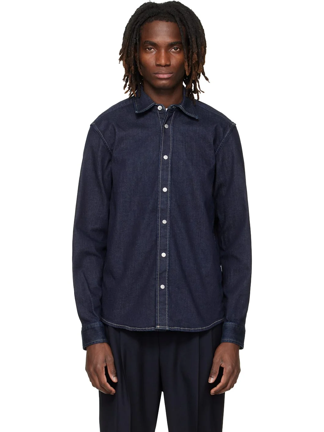 Navy Regular-Fit Stretch Denim Shirt - 1