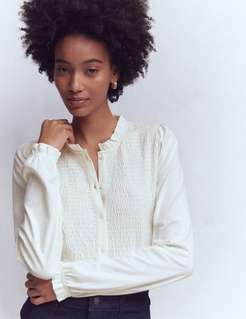 Supersoft Smocked button top-Ivory 6