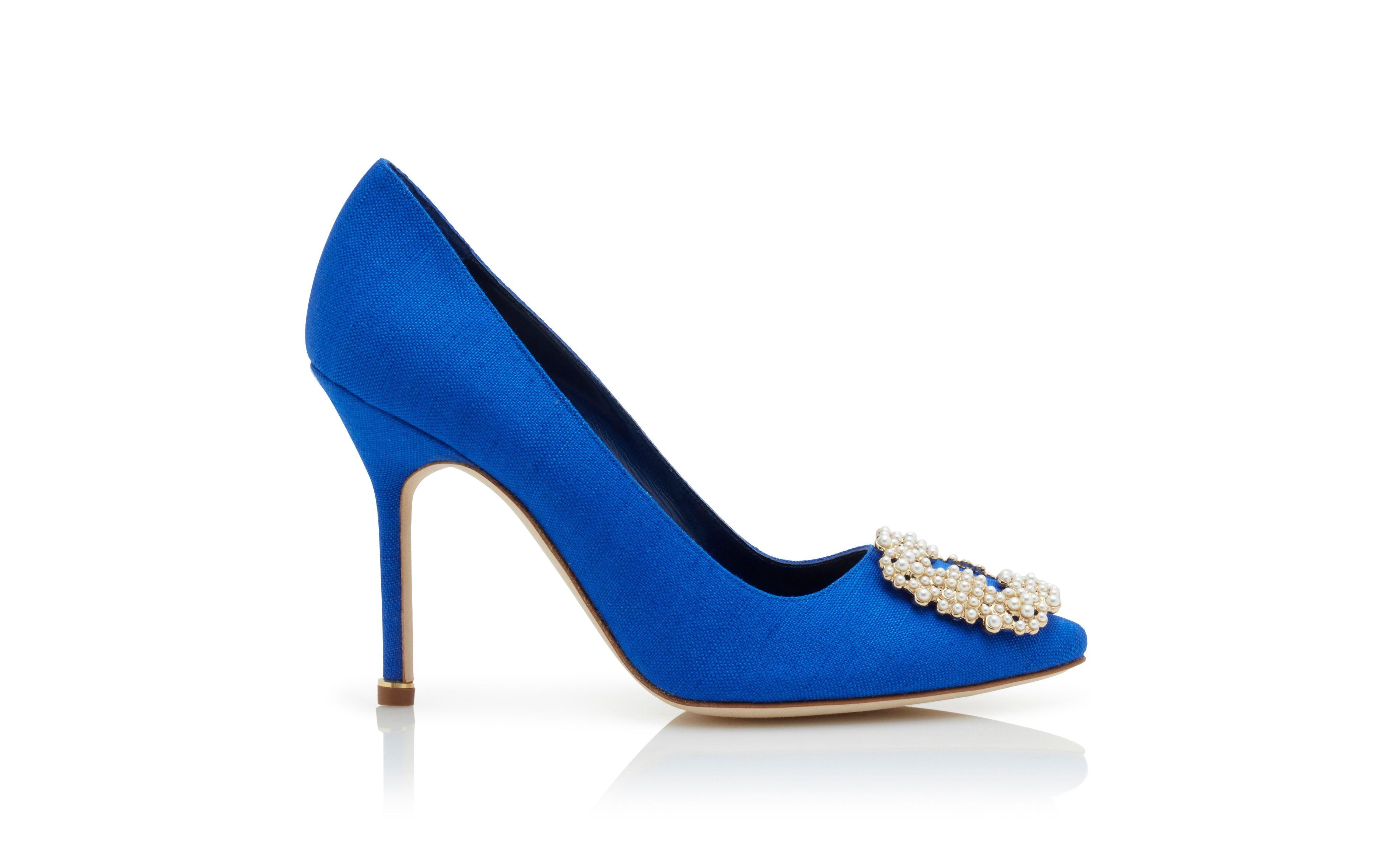 Bright Blue Linen Pearl Buckle Pumps - 1