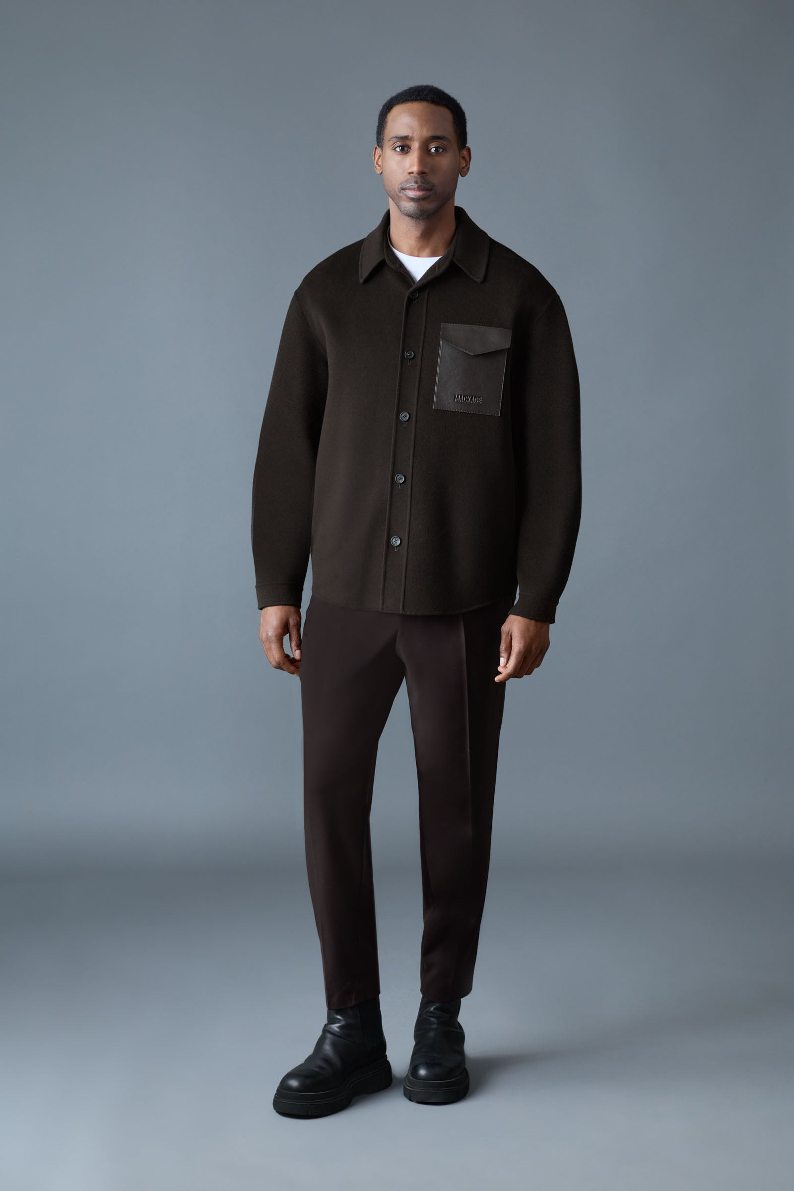 EMMANUEL Double-face wool overshirt with leather patch pocket - 2