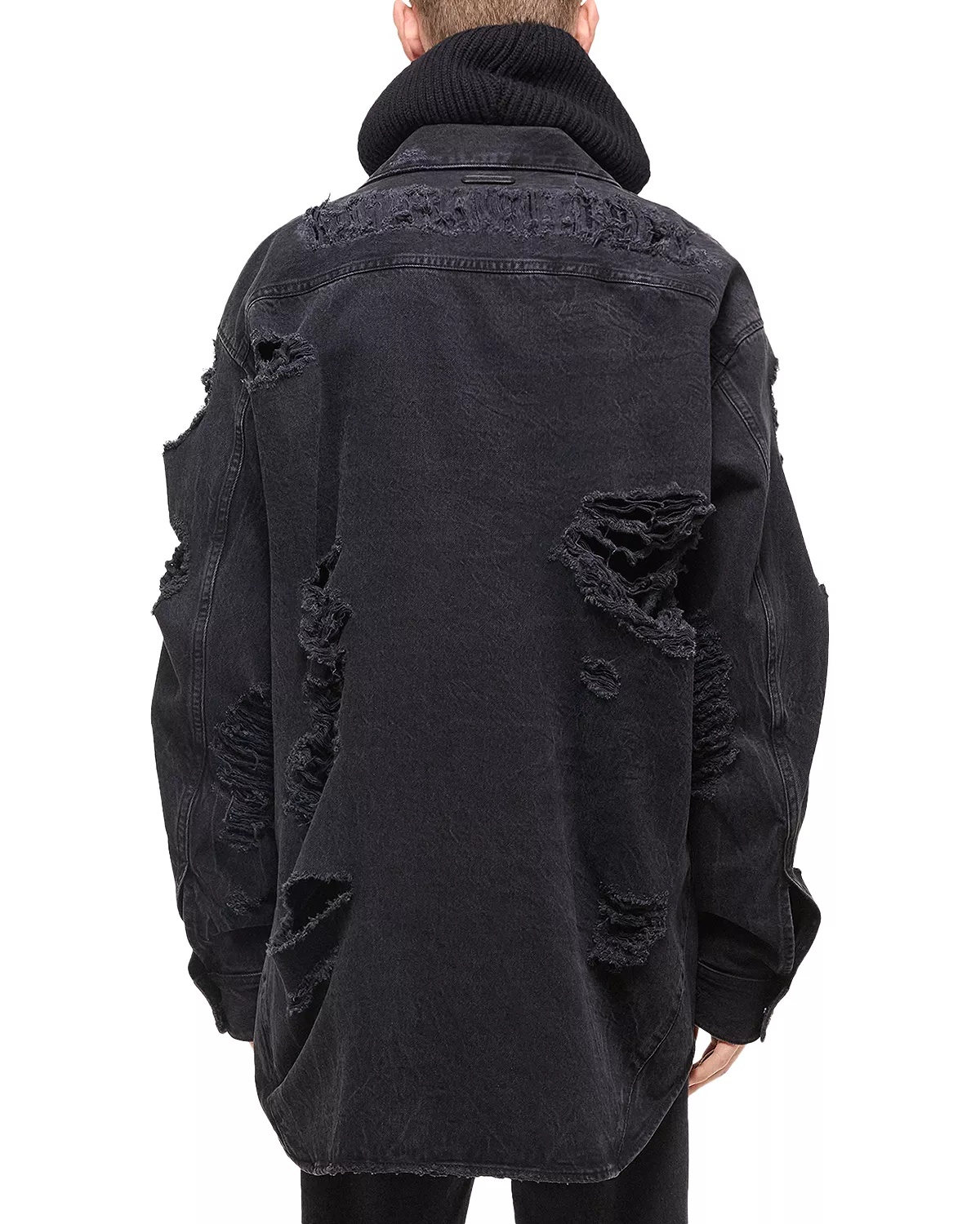 Oversized button-front shirt in washed black denim. Curved seams wrap around the body, emphasizing t - 3