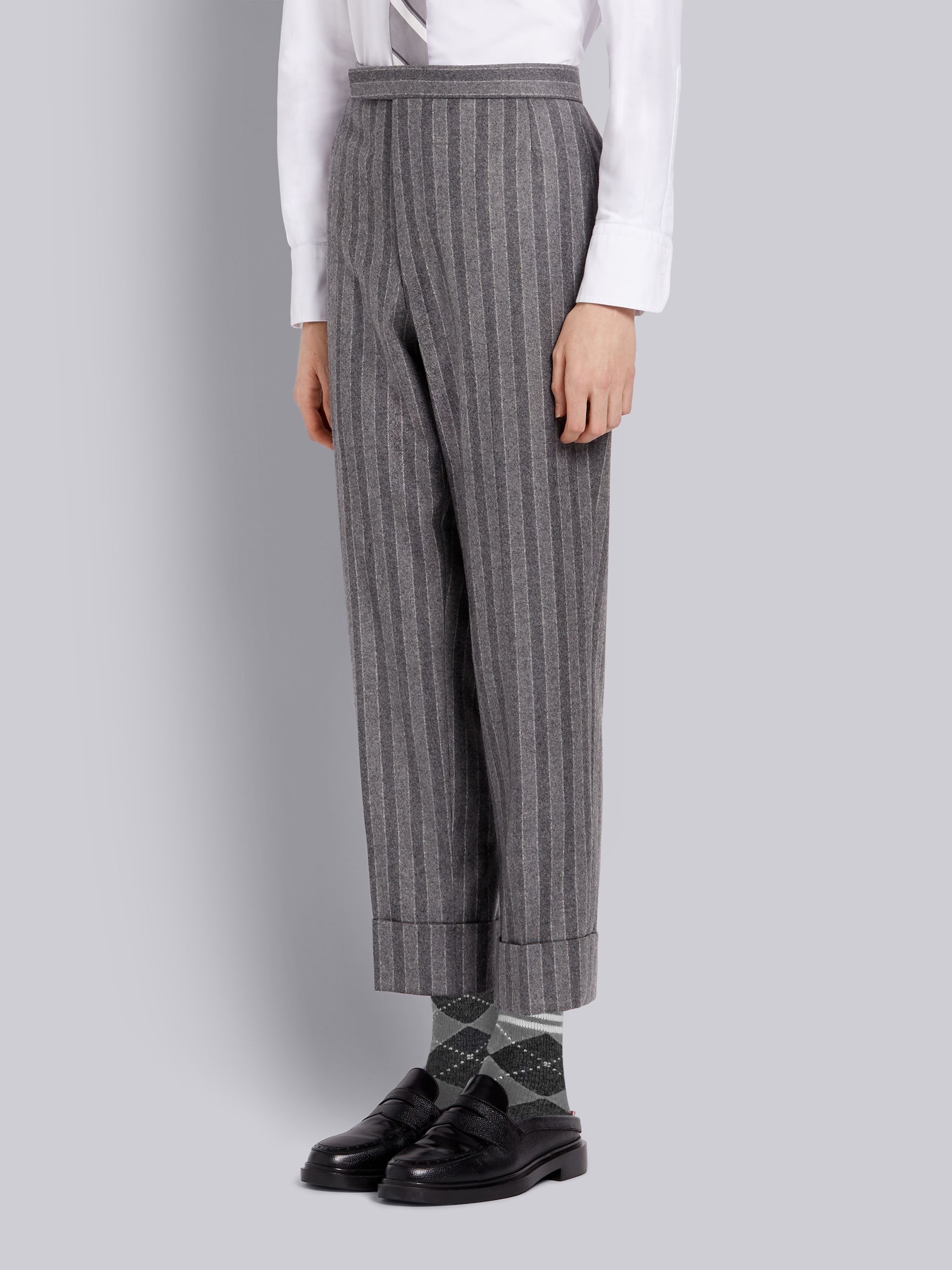 Medium Grey Ground Chalk Stripe Wool Flannel Classic Trouser - 2