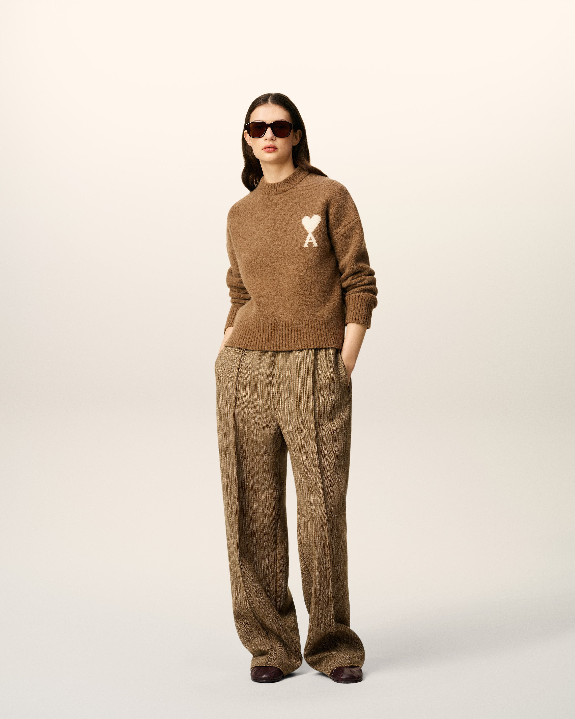 BROWN WOOL HERRINGBONE ELASTICATED TROUSERS - 2