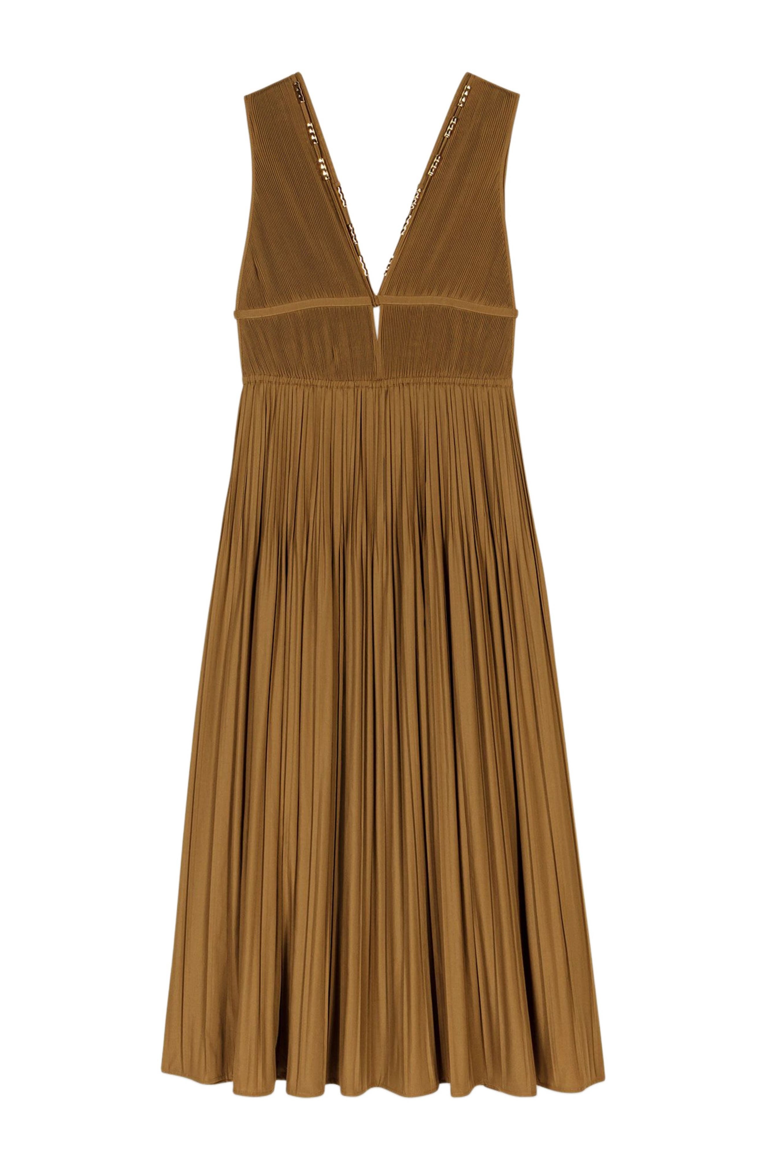 maje Jewellery neckline pleated dress in Khaki at Nordstrom - 8