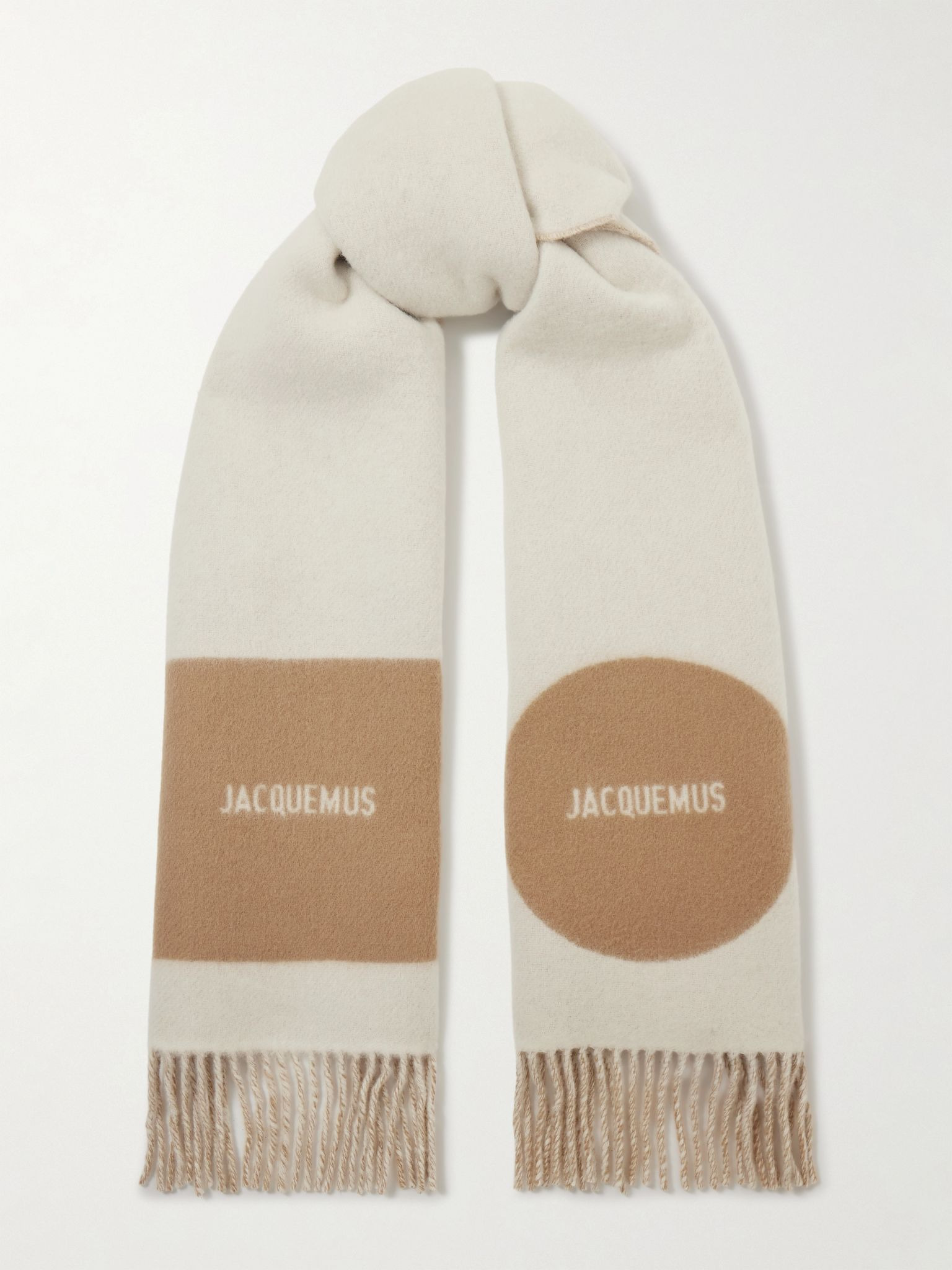 Fringed wool-jacquard scarf Beige - 1