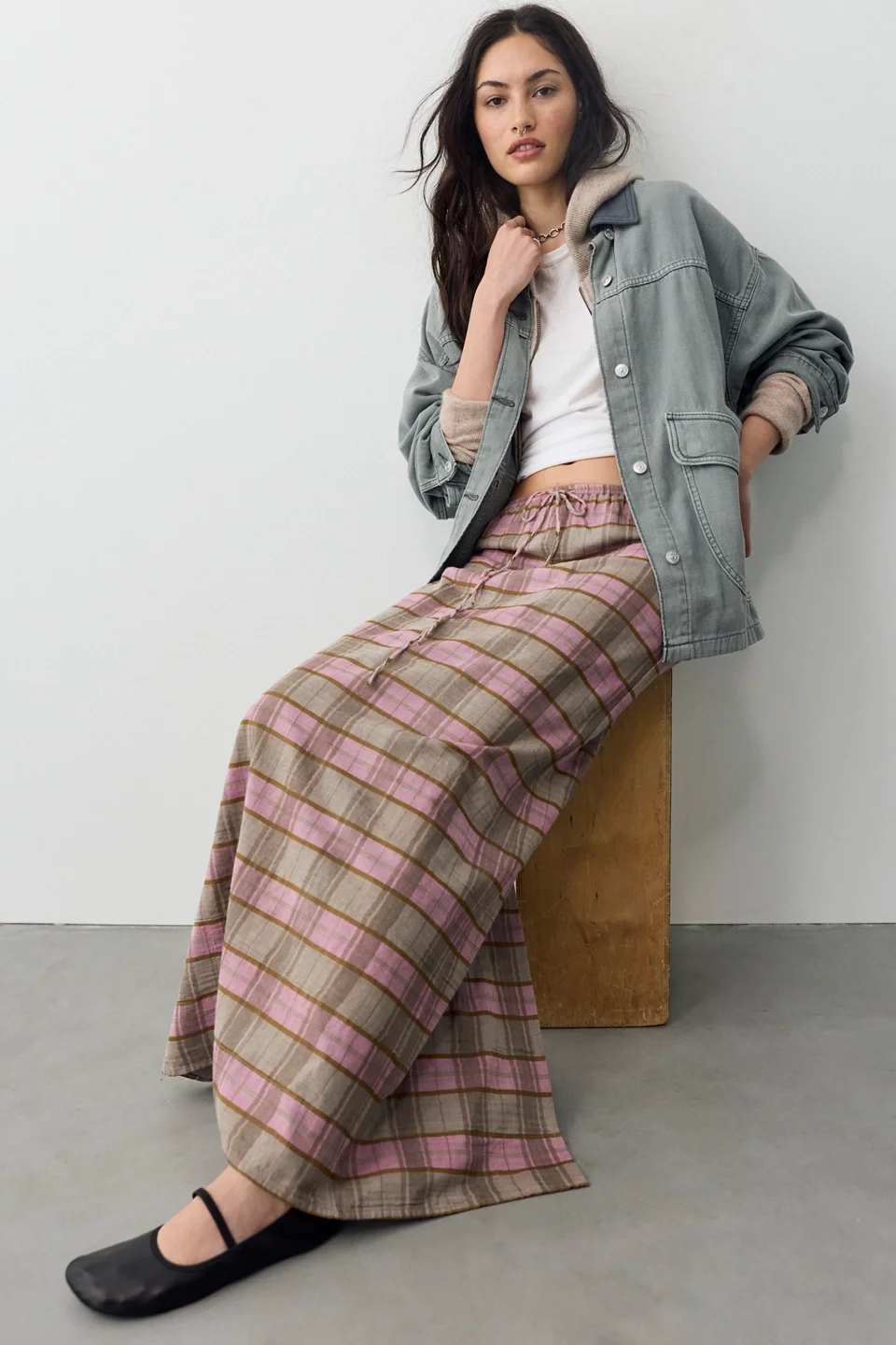 Plaid Column Skirt - 1