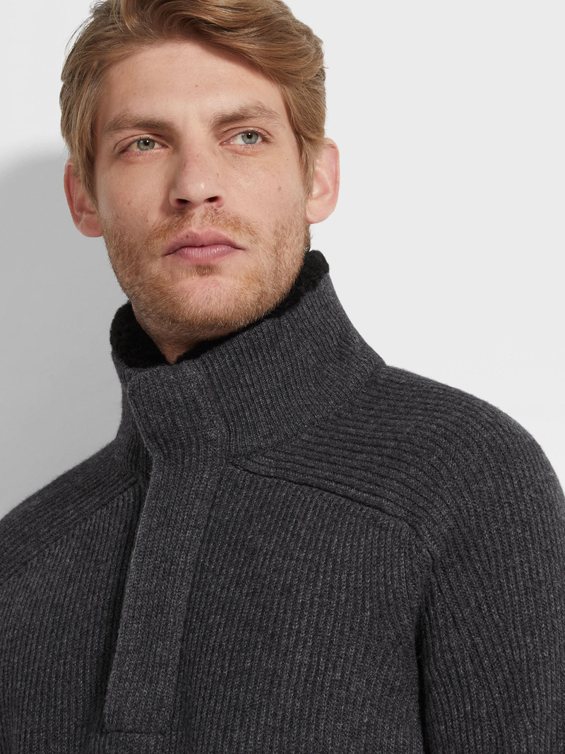 ZEGNA DARK GREY MÉLANGE OASI CASHMERE ZIP MOCK NECK SWEATER outlook