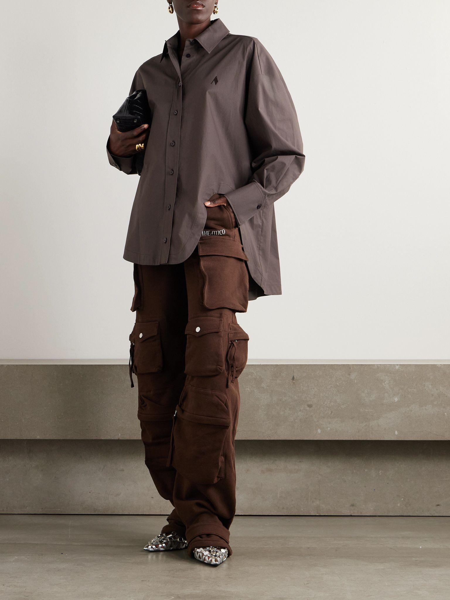 Oversized embroidered cotton-poplin shirt Brown - 2