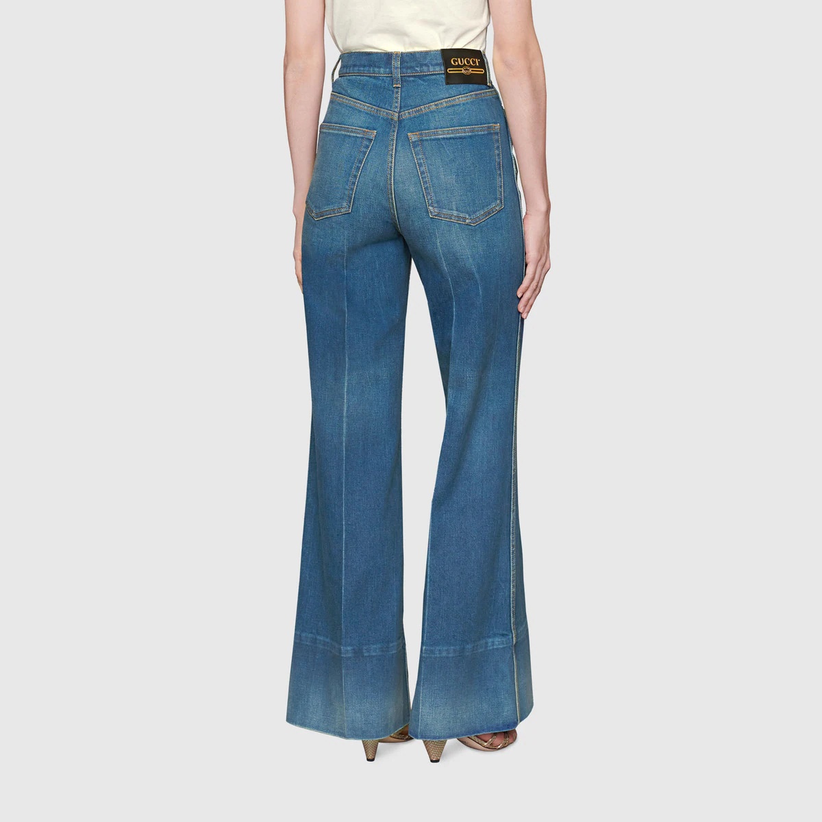 Washed denim flare pant with Gucci label - 5